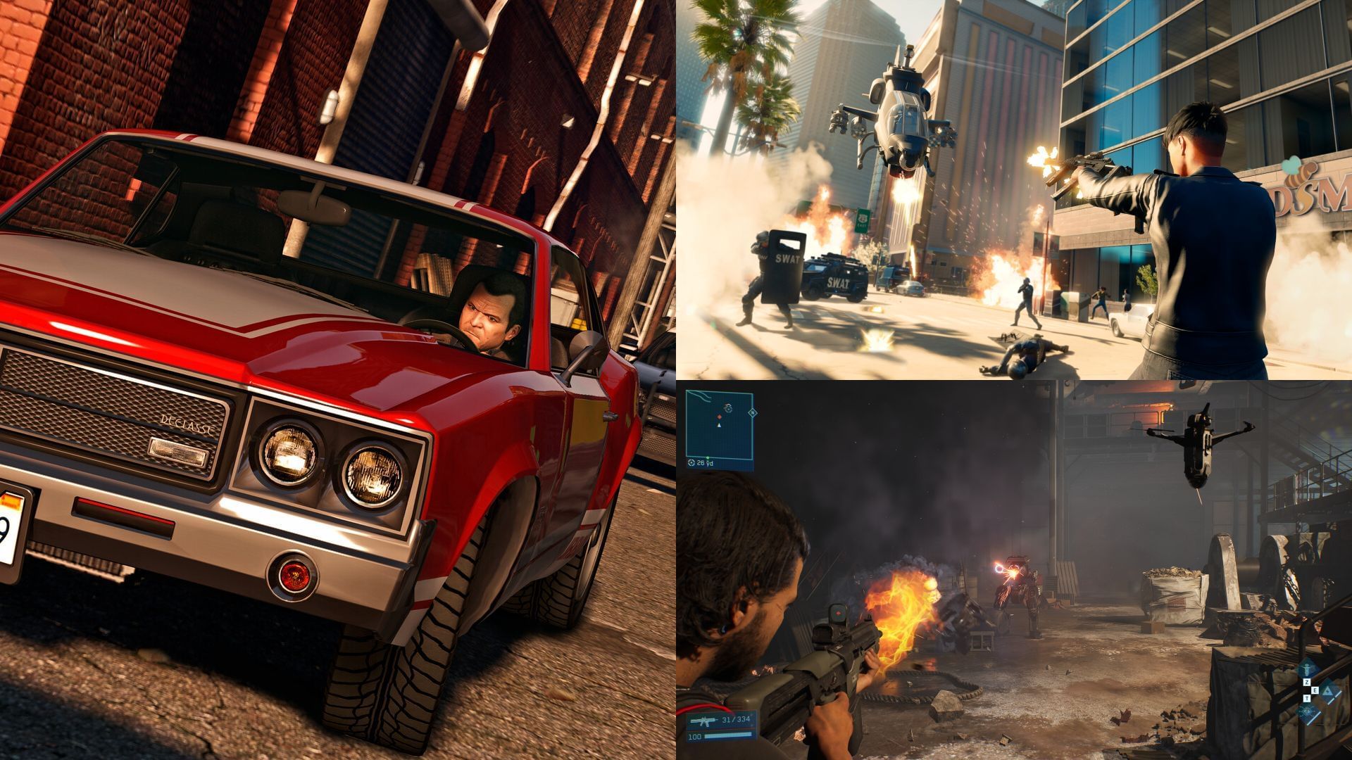 Gameplay stills from GTA V, Saints Row, and MindsEye (Image via Rockstar Games / IO Interactive Partners / Deep Silver)