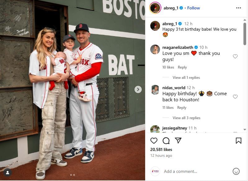 Alex Bregaman&#039;s wife, Reagan, reacted to Alex&#039;s post. (via Instagram)