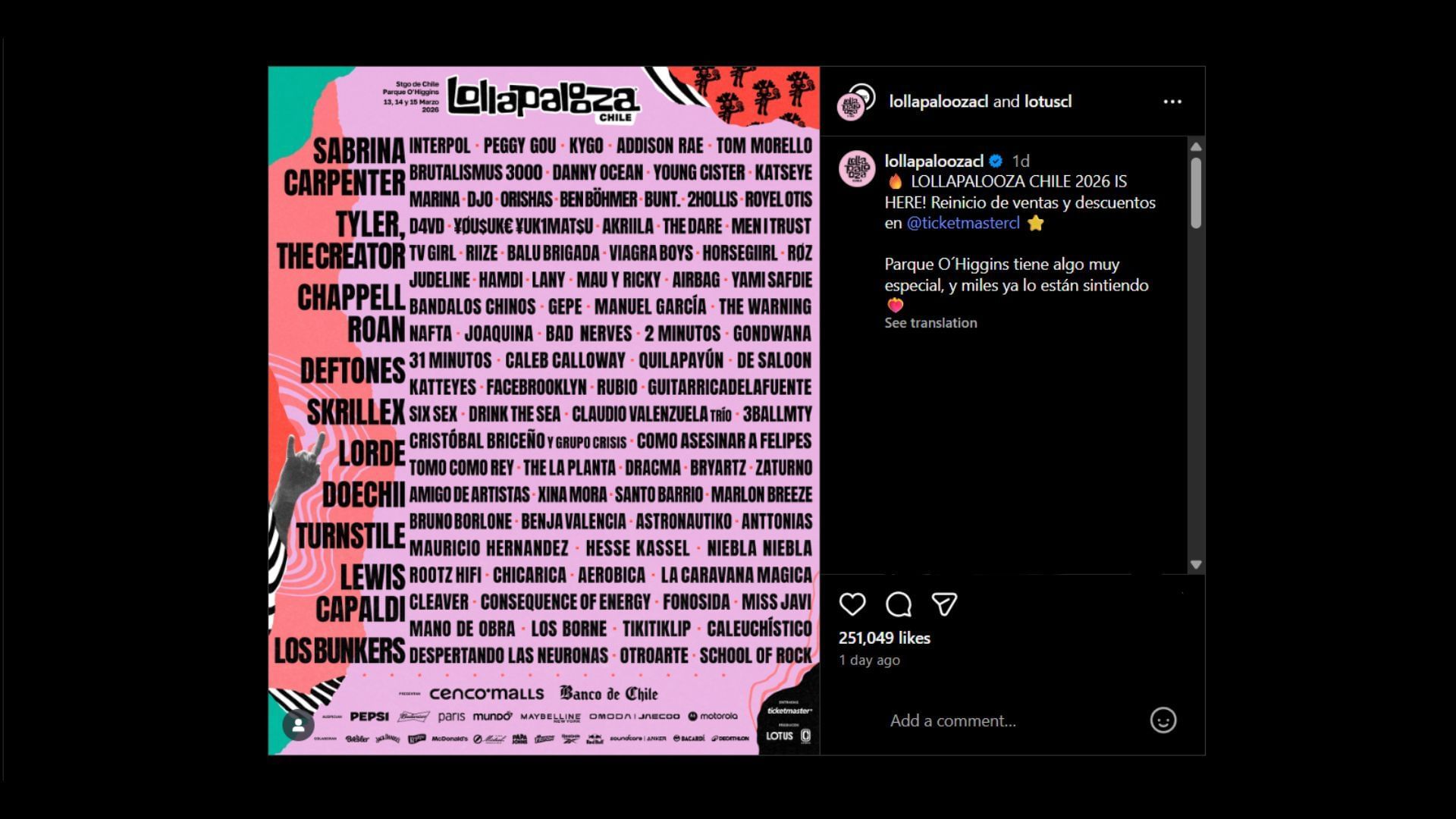 Lollapalooza Chile 2026 lineup (Image via Instagram/@lollapaloozacl)