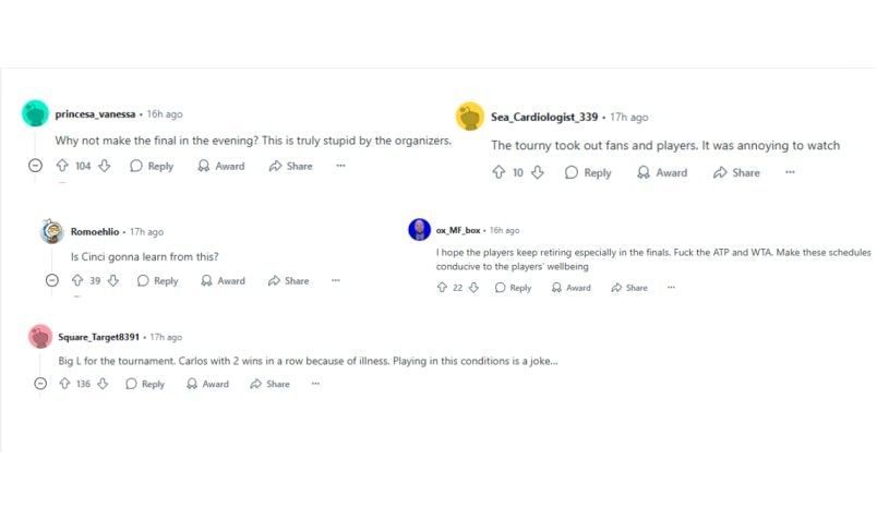 Screenshot of r/Tennis&#039; Reddit post featuring fans&#039; comments | Source: Reddit/r/tennis