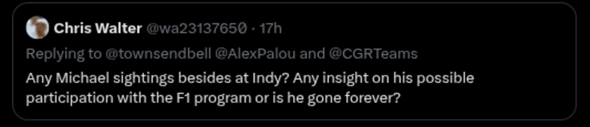 A fan&#039;s query about Michael Andretti - Source: via @wa23137659 on X