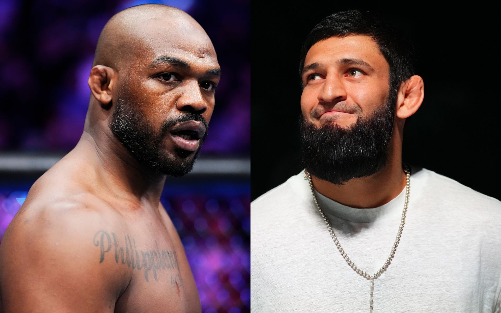 Jon Jones (left) reacts to Khamzat Chimaev