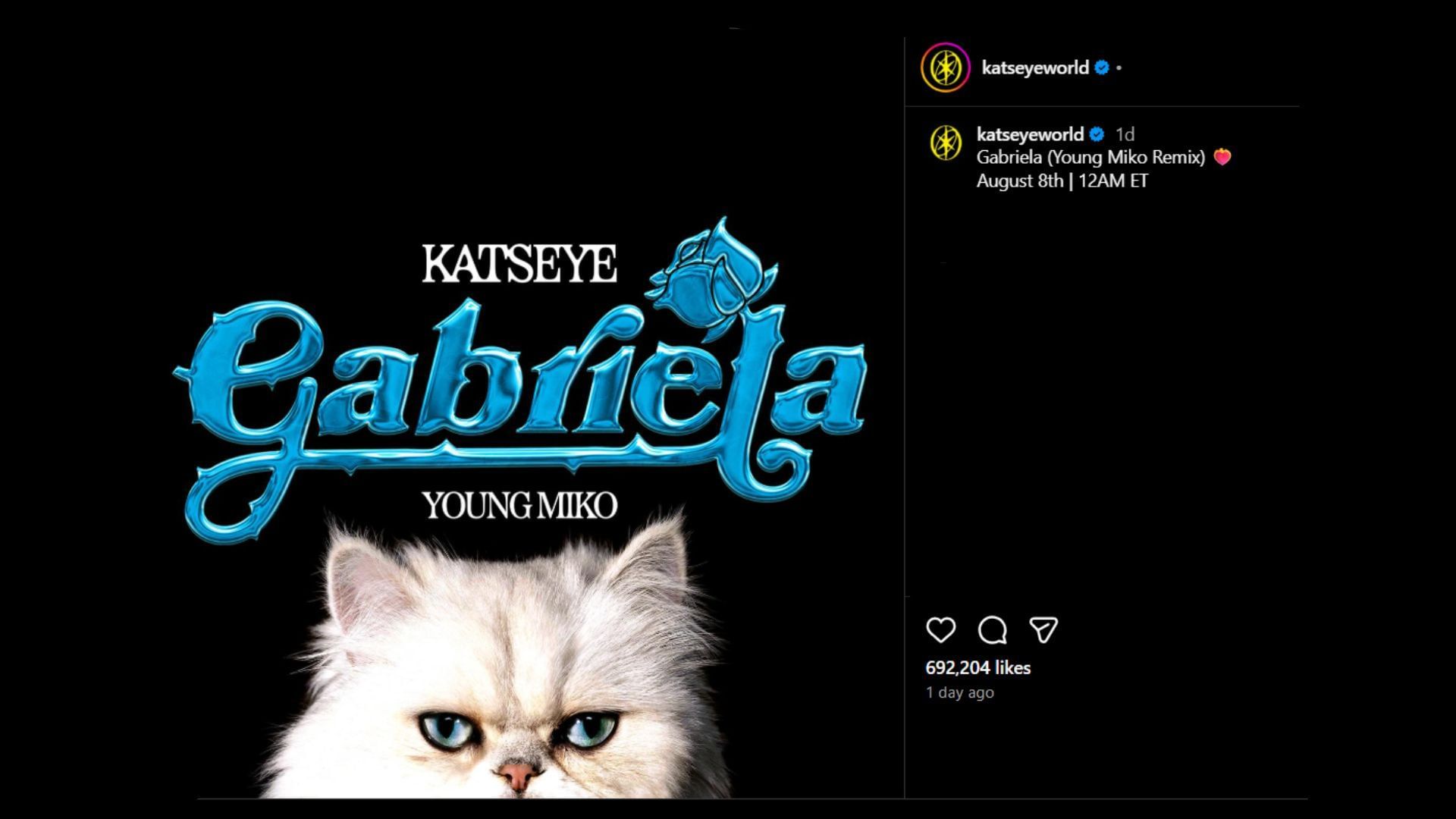 Gabriela (Young Miko Remix) announced via Instagram (Image via Instagram/@katseyeworld)