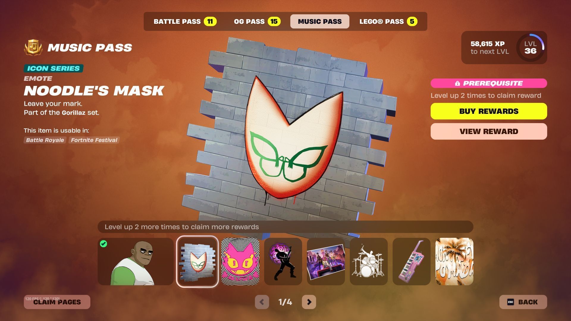 Page 1 of the Fortnite Festival Season 10 pass unlocks the Russel Outfit and other cosmetics (Image via Sportskeeda Gaming || Epic Games)