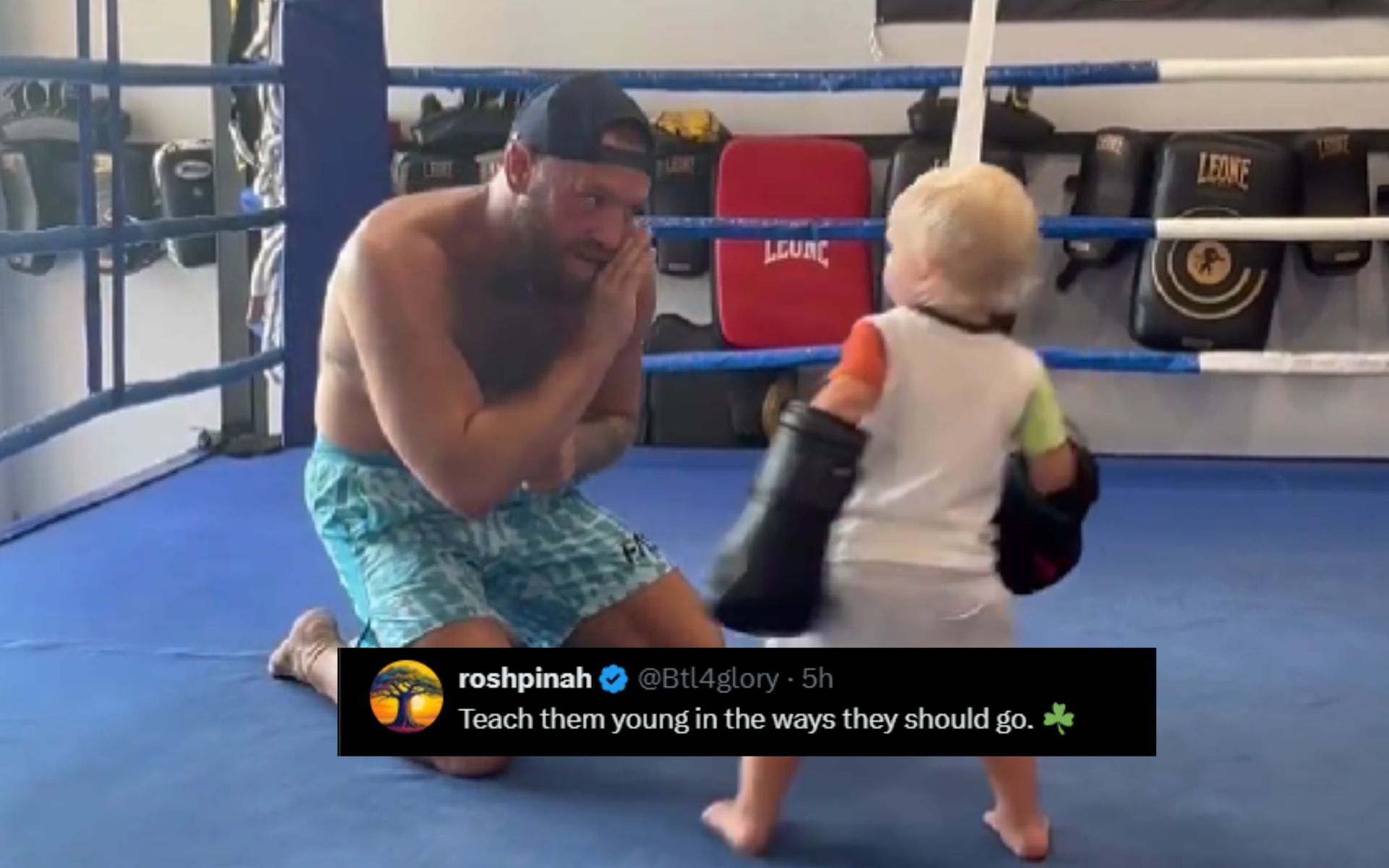 Fans react to the video of Conor McGregor training with his kid. [Screenshot courtesy: @TheNotoriousMMA on X]