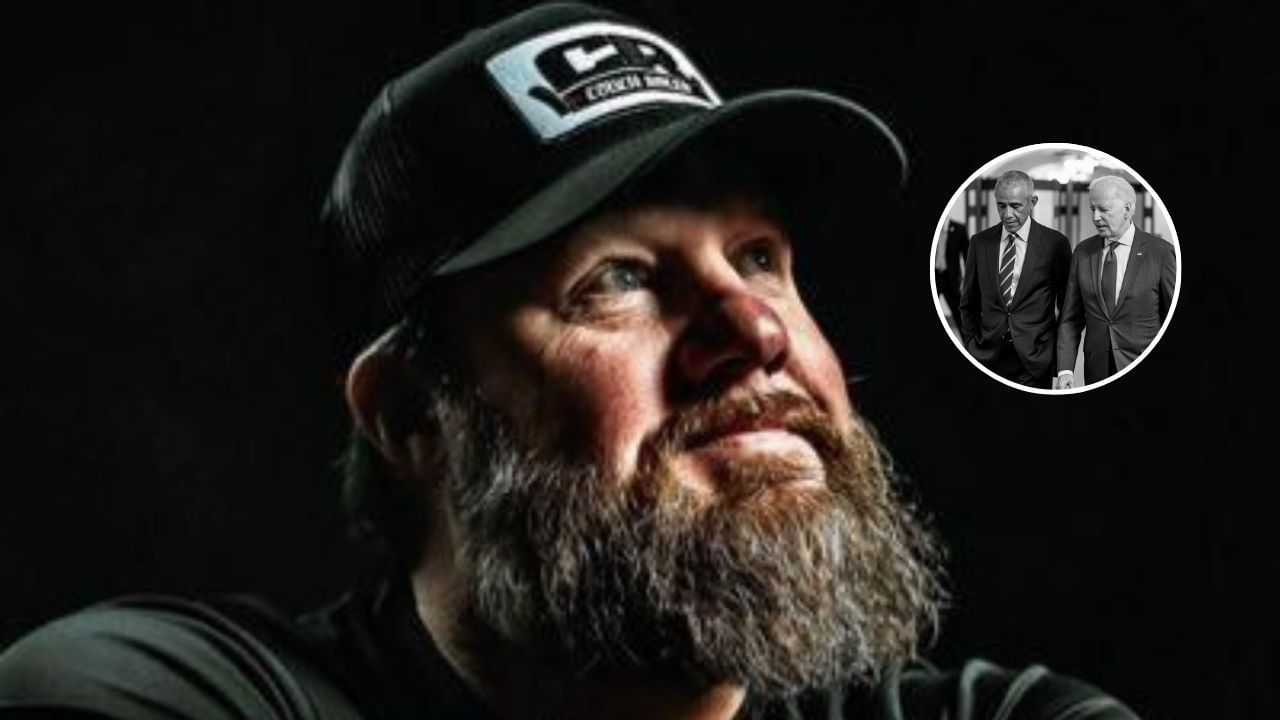 (Background) Veteran NASCAR spotter Brett Griffin. Source: @SpotterBrett on X; Inset Barack Obama and Joe Biden (via @BarackObama on X)