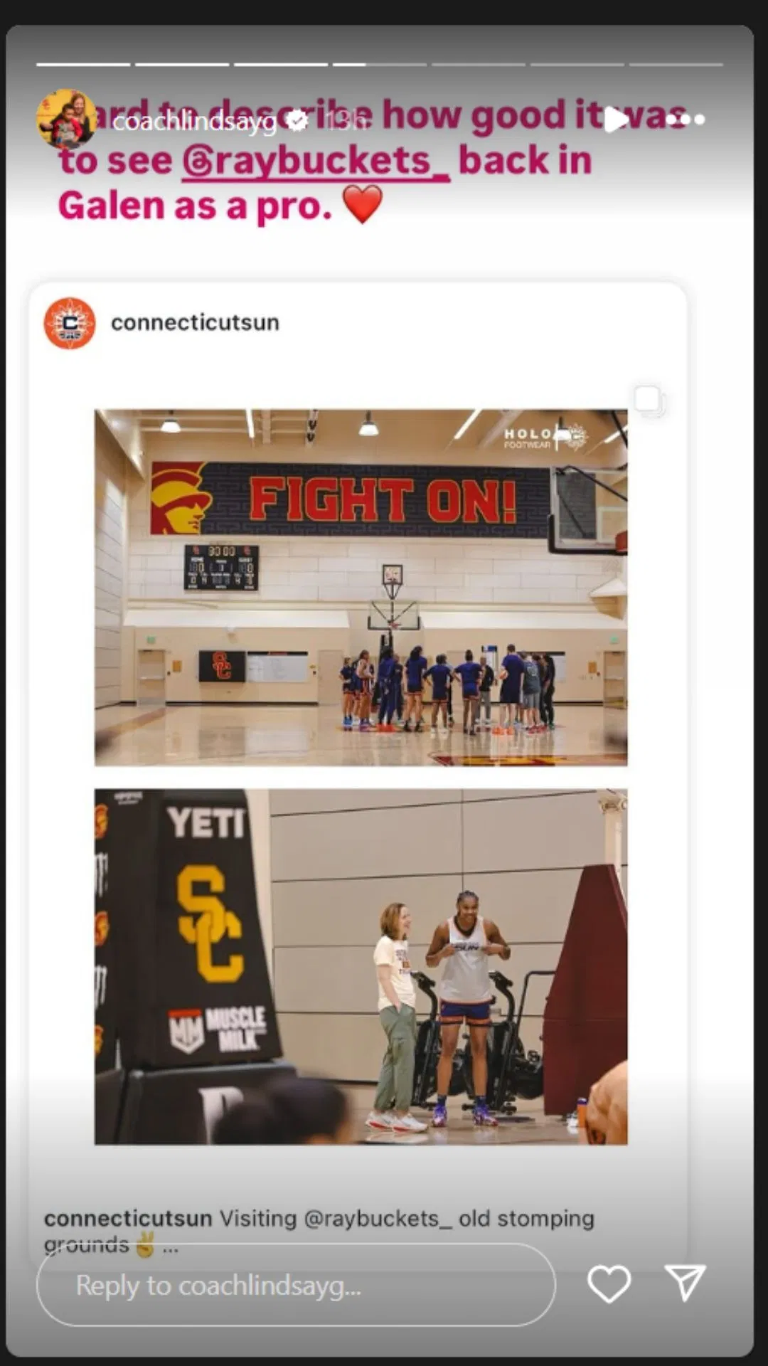 USC HC Lindsay Goittlieb shares Rayah Marshall&#039;s return on IG story. Image via @coachlindsayg