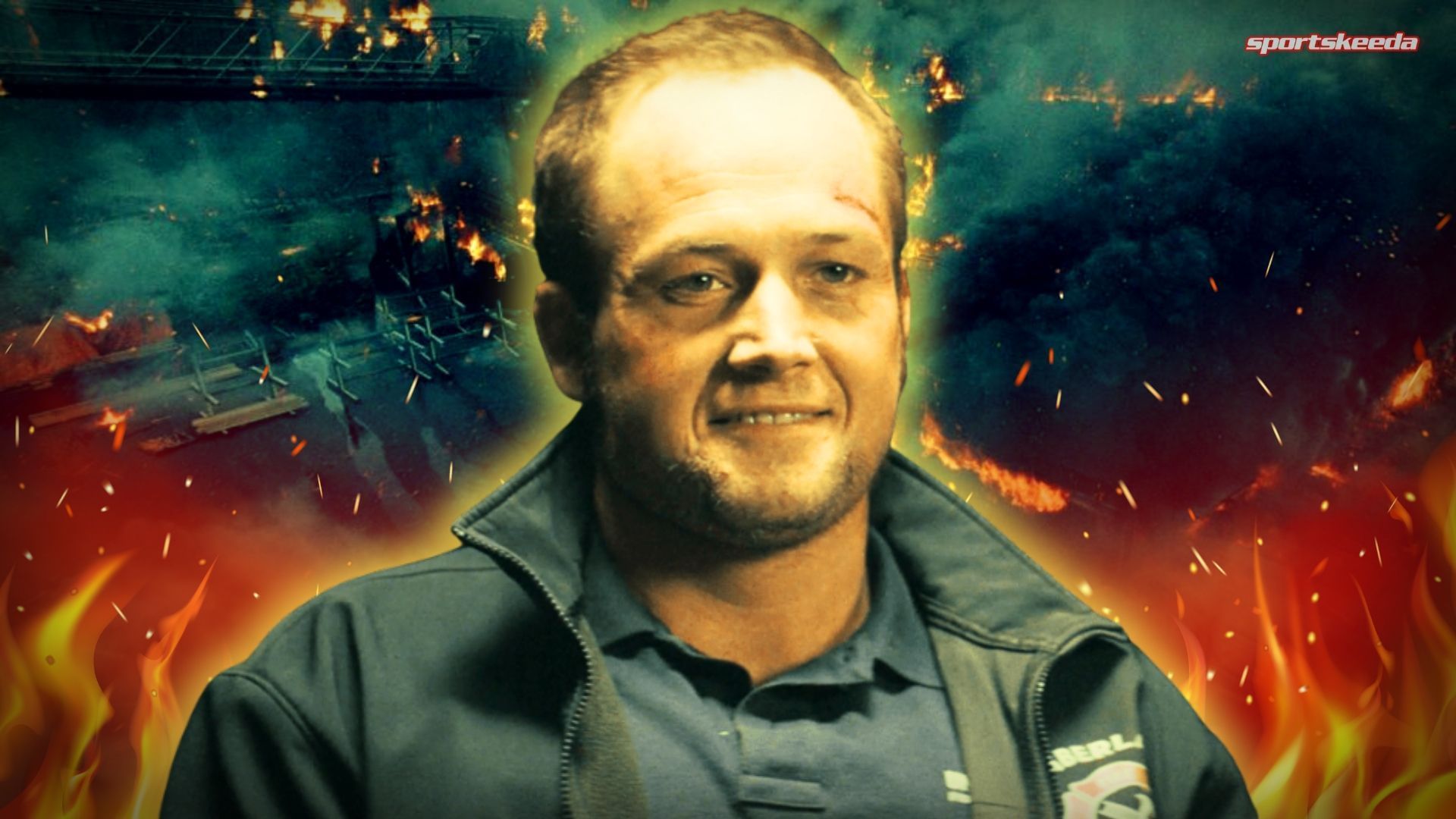 Taron Egerton stars as Dave Gudsen in Smoke season 1 (Custom Image by Sportskeeda/Image via Apple TV+)