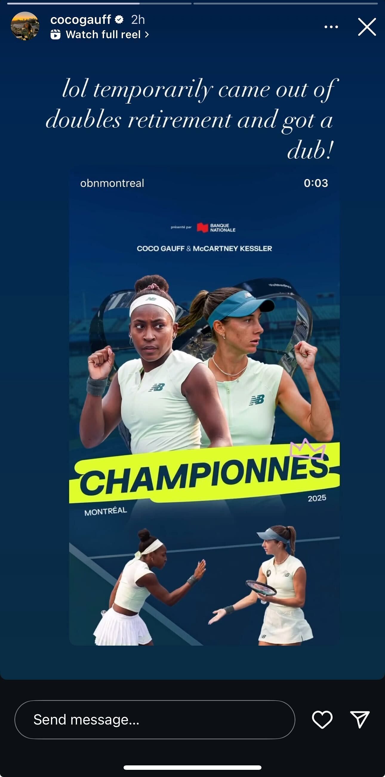Gauff&#039;s Instagram Story following her women&#039;s doubles title triumph at the 2025 National Bank Open in Montreal (Source: Instagram/cocogauff)