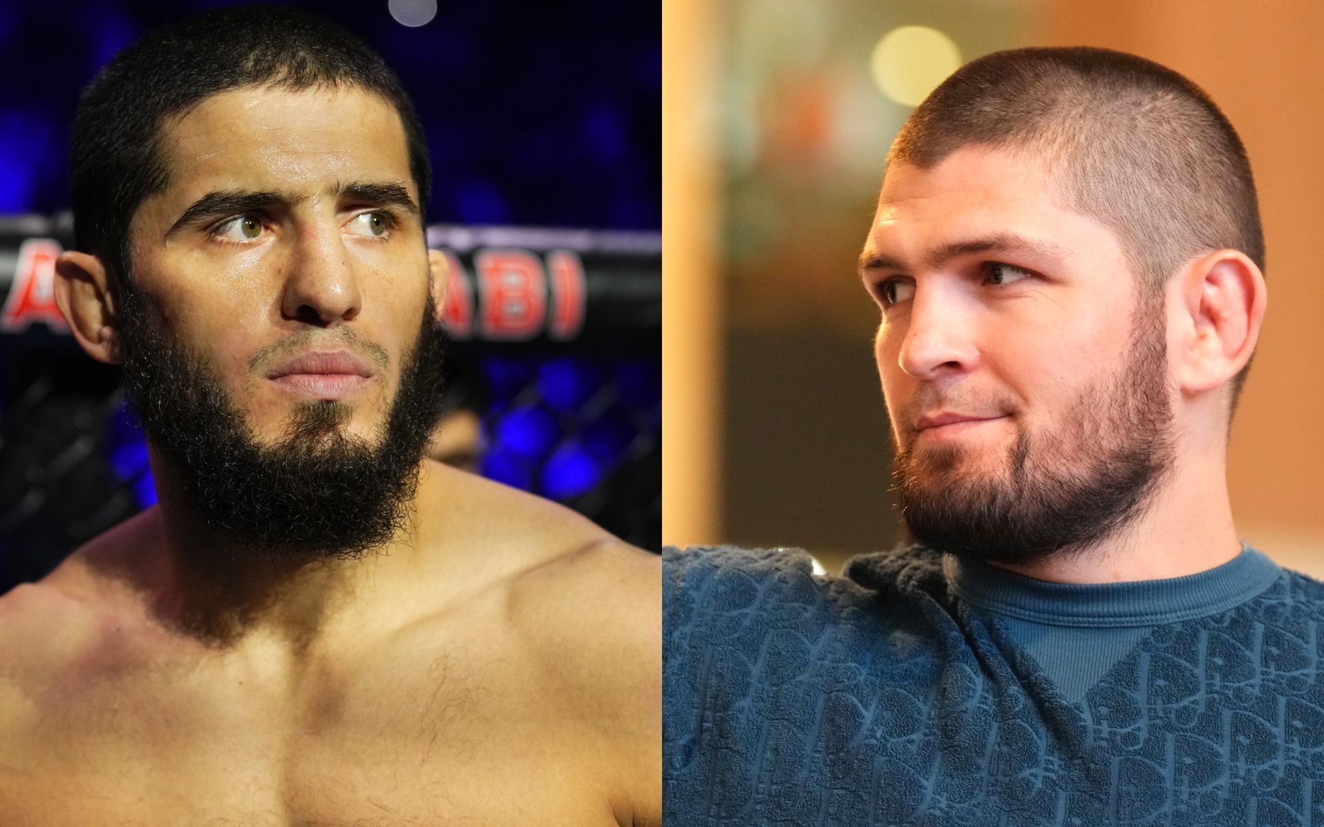 Khabib Nurmagomedov (right) addresses Islam Makhachev