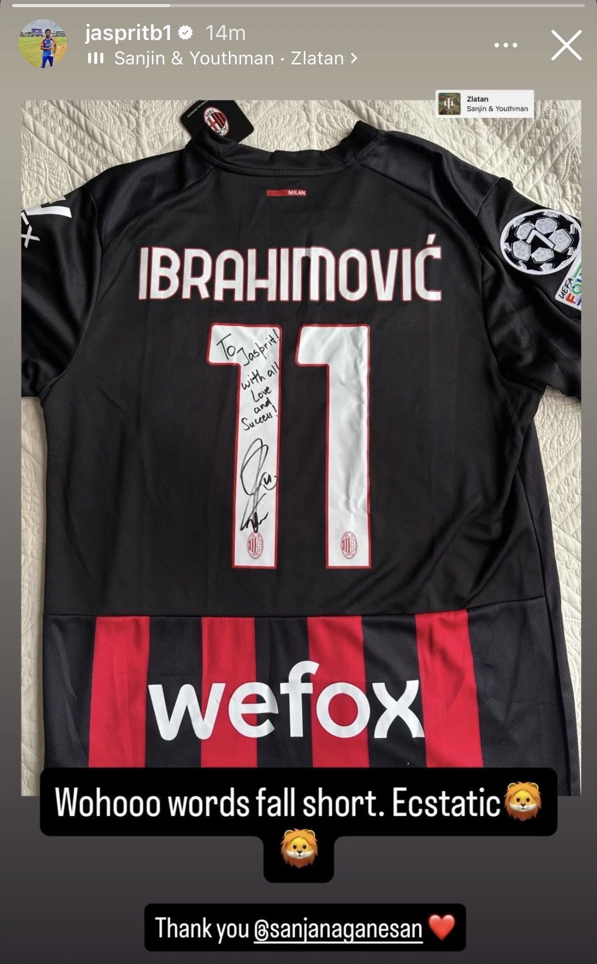 Jasprit Bumrah receives signed jersey from Zlatan Ibrahimovic (Image via Instagram-@Jaspritb1)