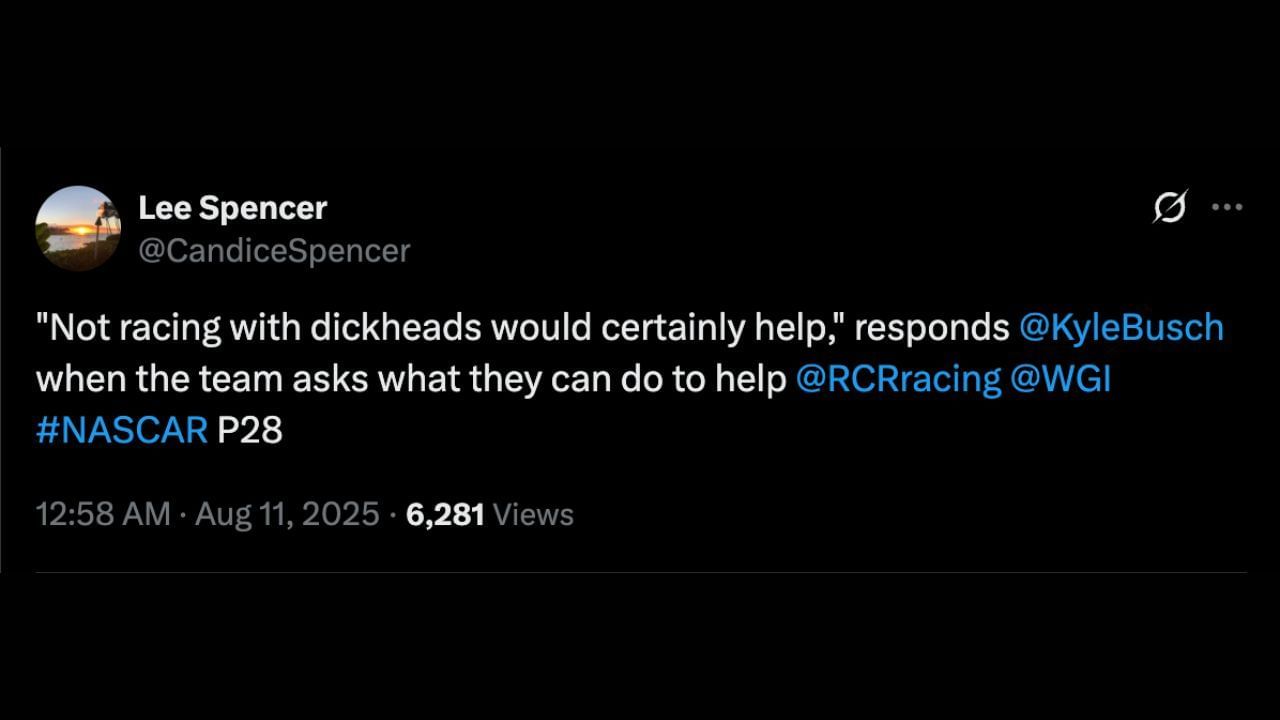 Kyle Busch&#039;s response to contact with Denny Hamlin. Source:@X/CandiceSpencer