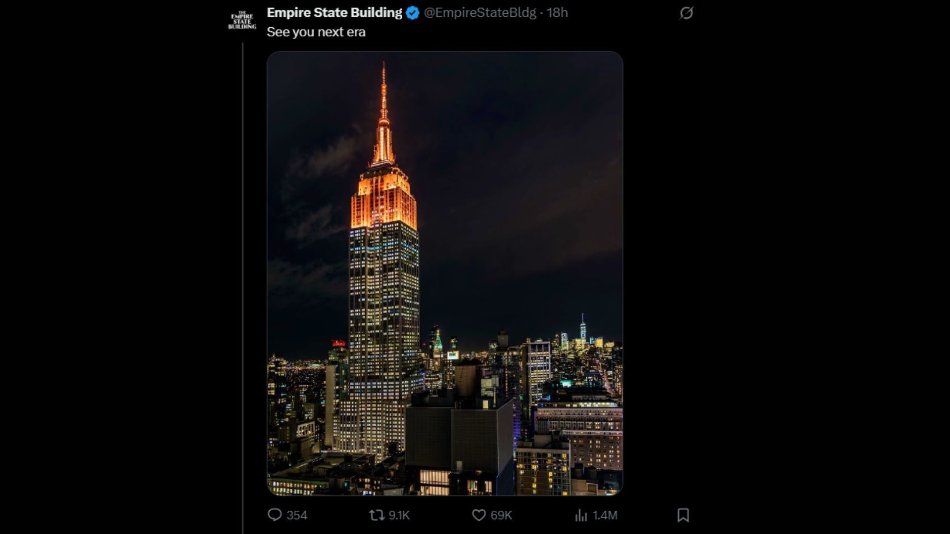 The Empire State Building turns orange in anticipation of TS12 (Image via X/@EmpireStateBldg)