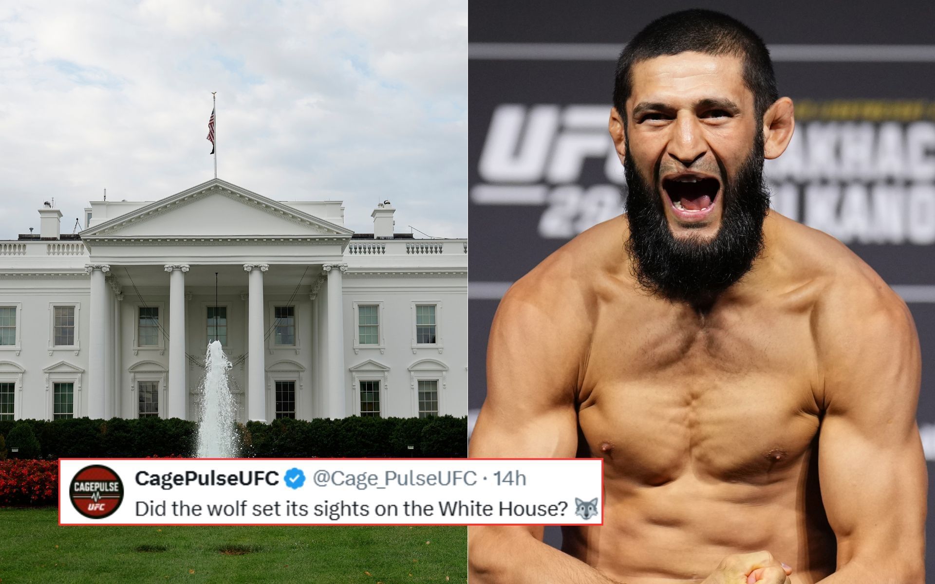 White House (left) UFC event seemingly eyed by Khamzat Chimaev (right). [Images courtesy: Getty Images]