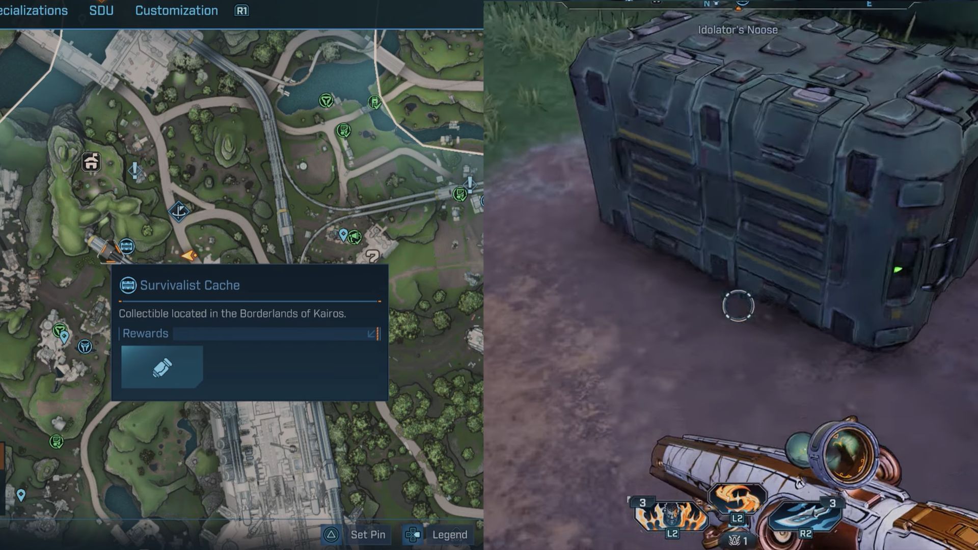 The cache is located near a campfire under the wooden bridge (Image via Gearbox Software)