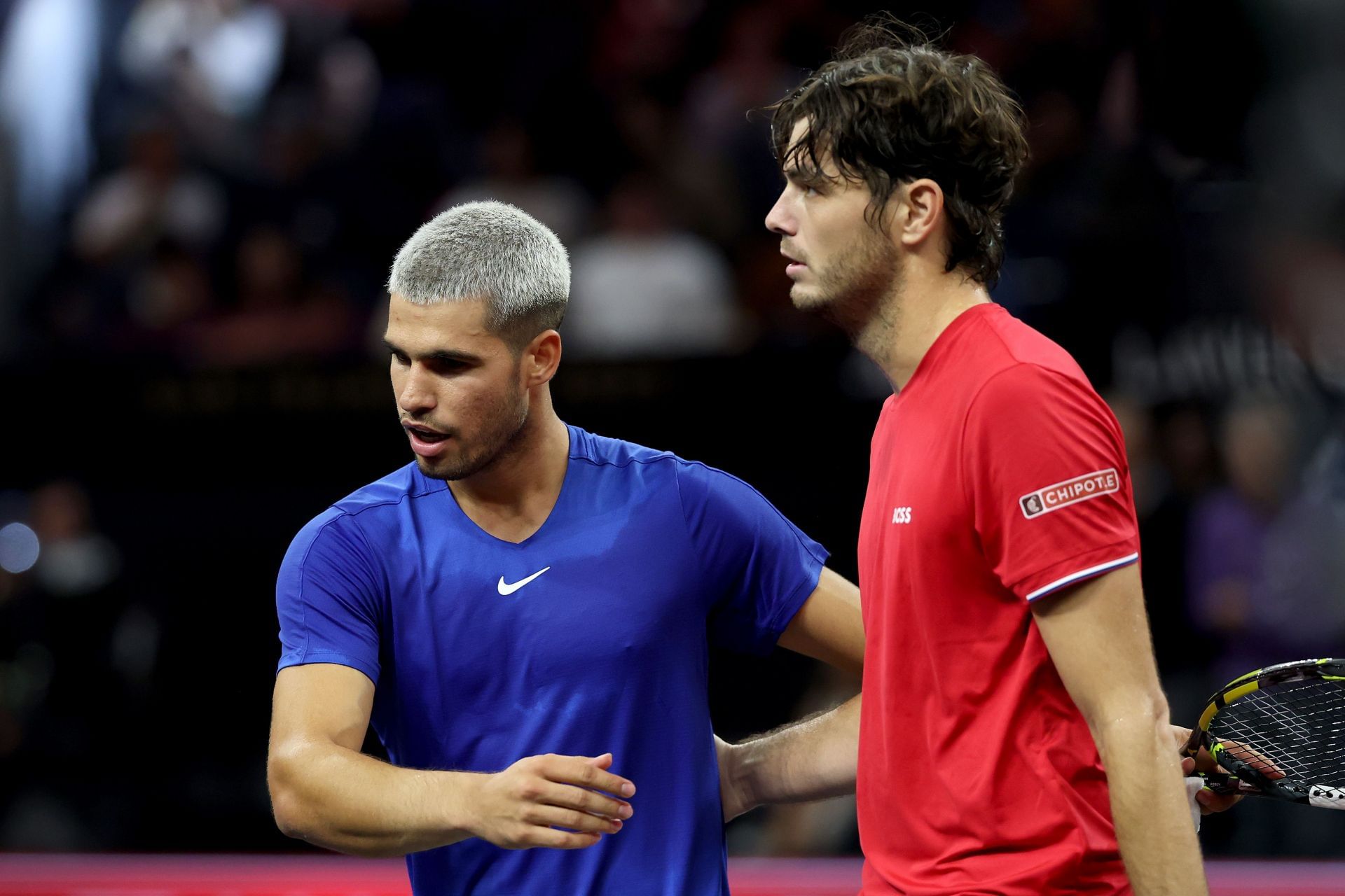 Carlos Alcaraz (left) and Taylor Fritz (right) in the aftermath of their match at the 2025 Laver Cup (Source: Getty)