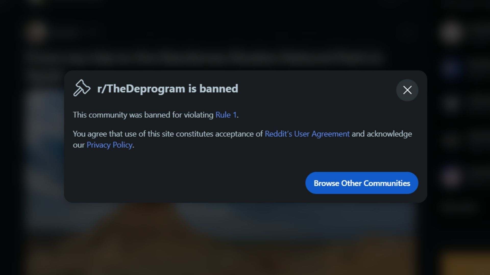 r/TheDeprogram now displays the above message (Image via Reddit)