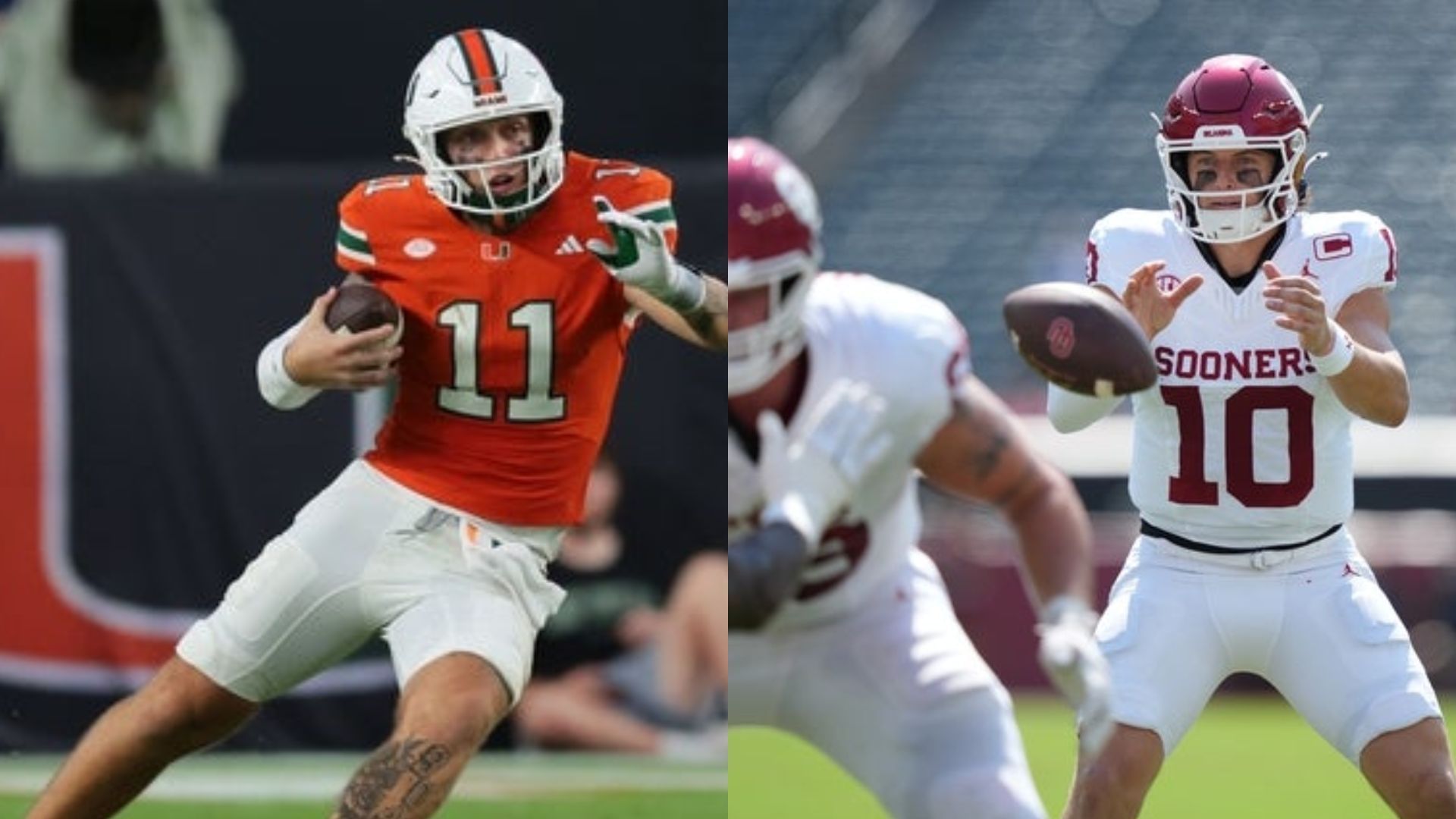 Miami Hurricanes quarterback Carson Beck (left) and Oklahoma Sooners quarterback John Mateer (right) are 1-2 in the updated Heisman Triophy odds ahead of the Week 4 games (Image Source: IMAGN)