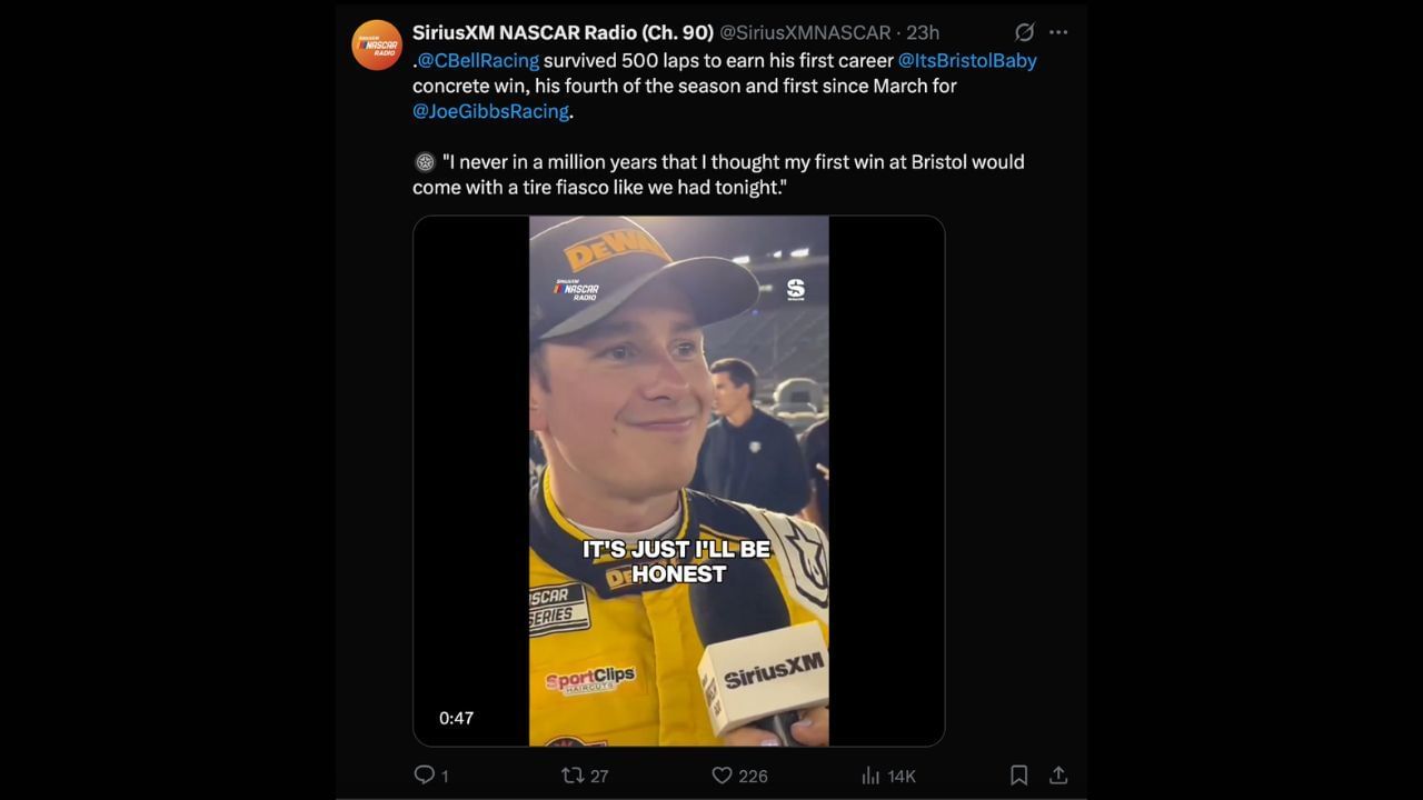 Christopher Bell&#039;s post-race interview with SiriusXM. Source: X/SiriusXM NASCAR
