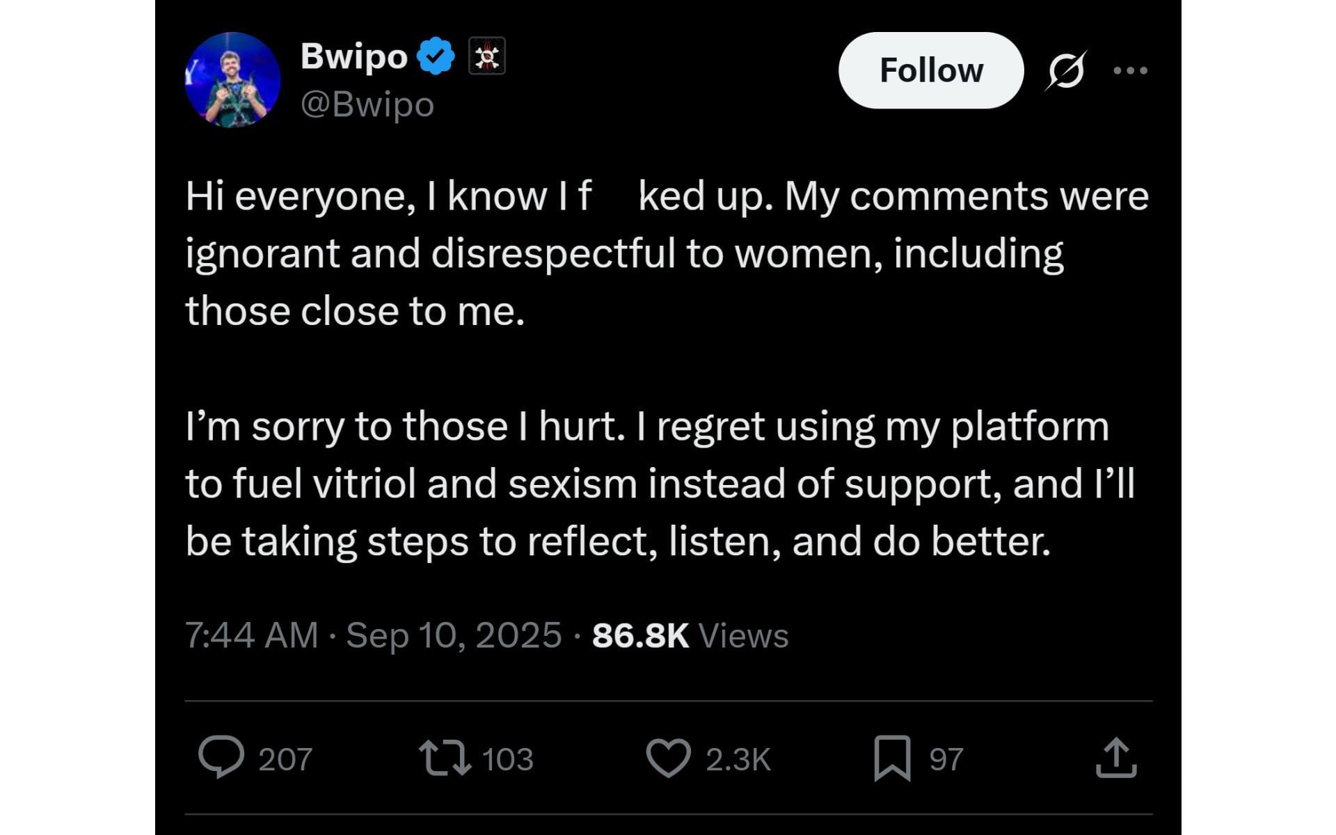 Bwipo&#039;s X post in which he addressed the controversy (Image via x.com/Bwipo)