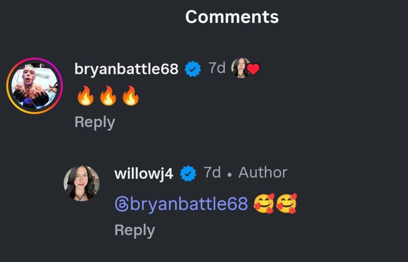 Bryan Battle&#039;s comment on Willow&#039;s post [Image via Instagram]