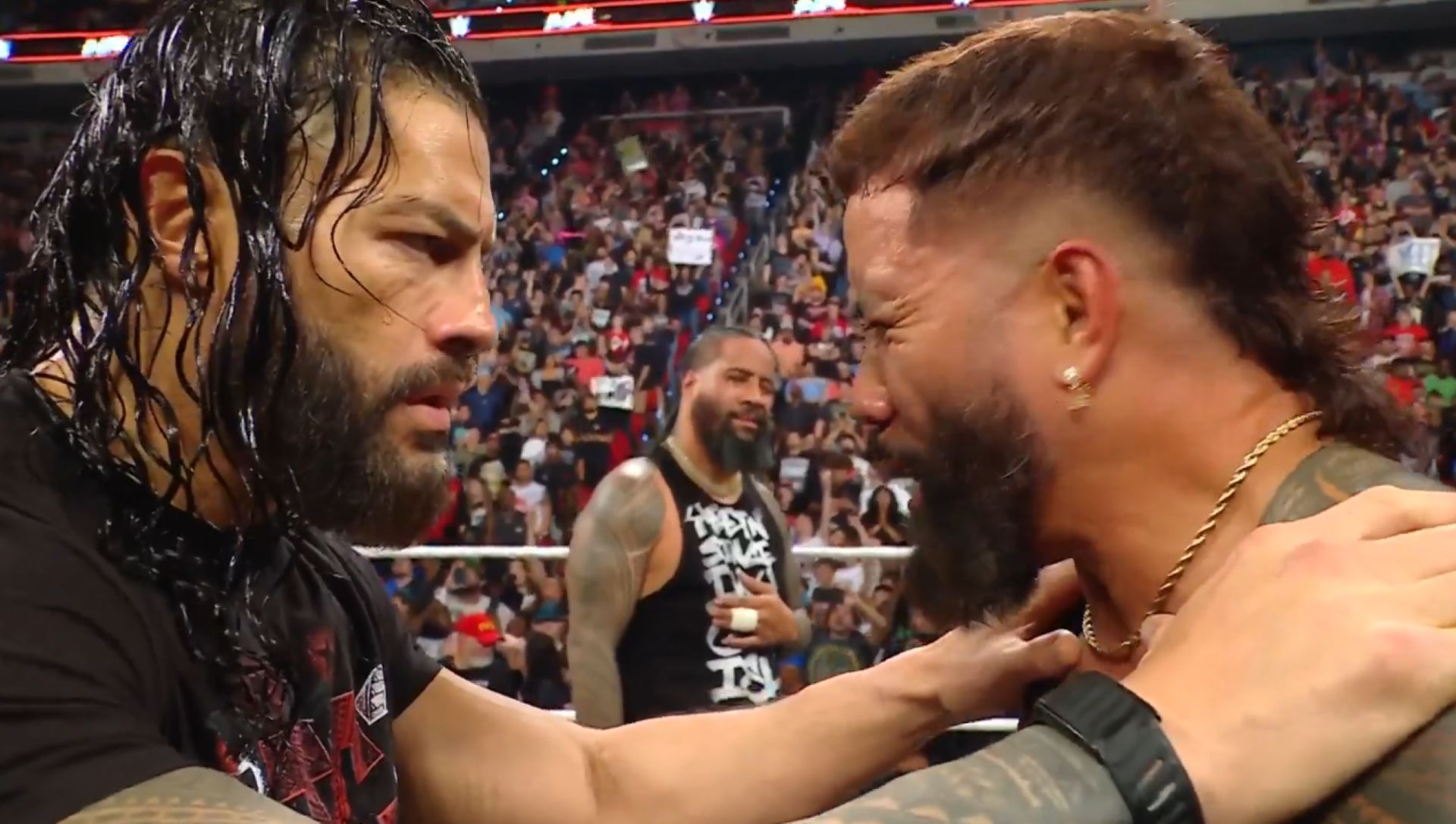 Roman Reigns returned from his latest break to help the Usos on RAW. (Image Credit: WWE on X).