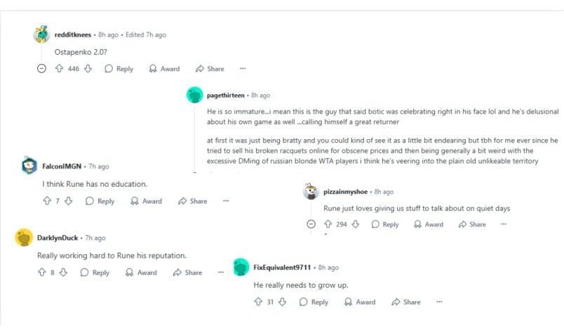 Screenshot of r/tennis&#039; Reddit post featuring fans&#039; comments | Source: Reddit/r/tennis