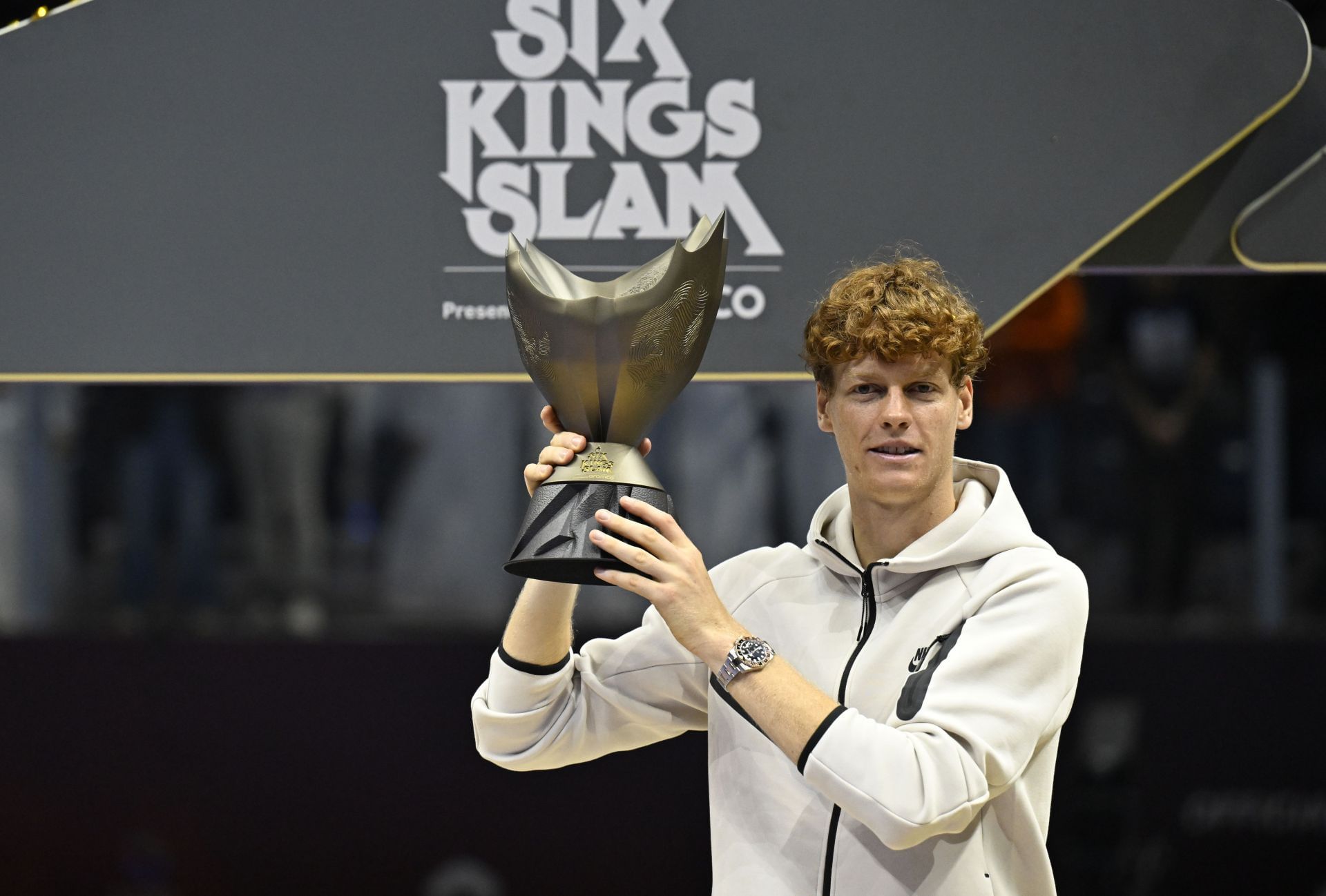 Jannik Sinner poses with the 2025 Six Kings Slam trophy (Source: Getty)