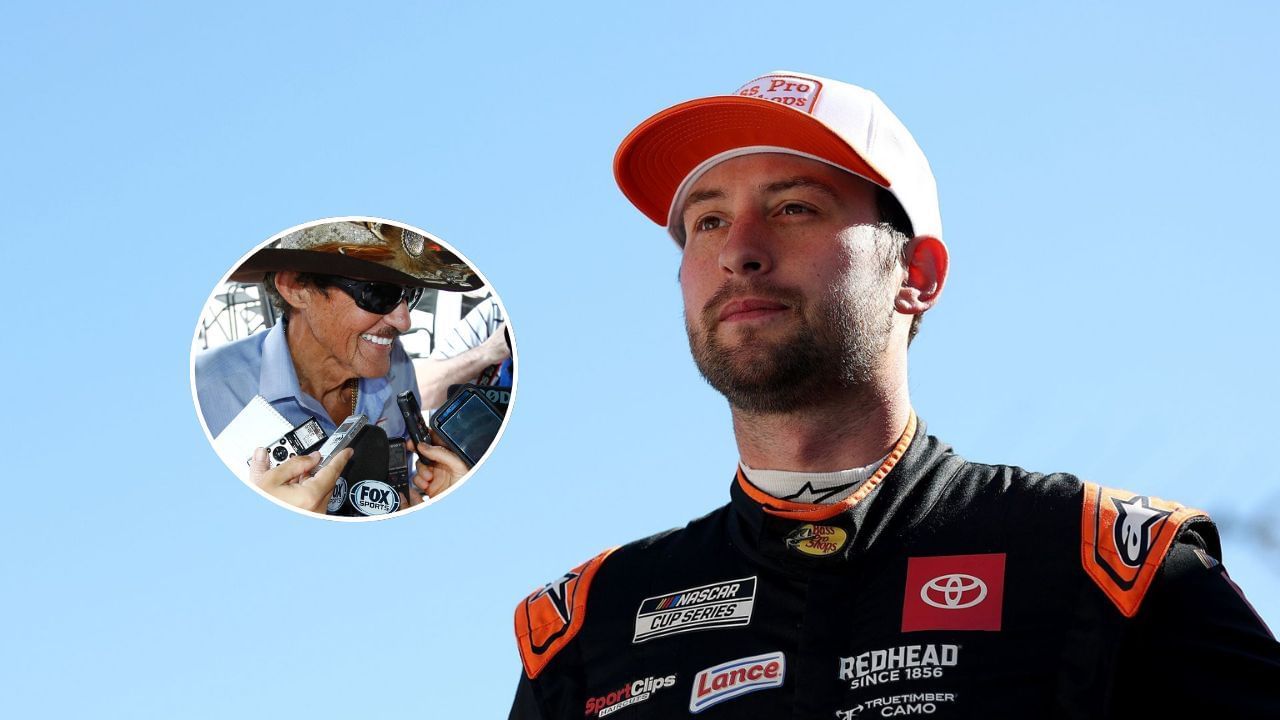 (Background) Chase Briscoe, driver of the #19 Bass Pro Shops Toyota, looks on during practice for the NASCAR Cup Series W&uuml;rth 400 at Texas Motor Speedway on May 03, 2025. Source: Getty; (Inset) NASCAR legend Richard Petty talks to media in the garage before practice for the Coke Zero 400 Powered By Coca-Cola at Daytona International Speedway. Both Richard Petty and Sam Hornish Jr. (not pictured) celebrated their birthday together. Mandatory Credit: Reinhold Matay-Imagn Images