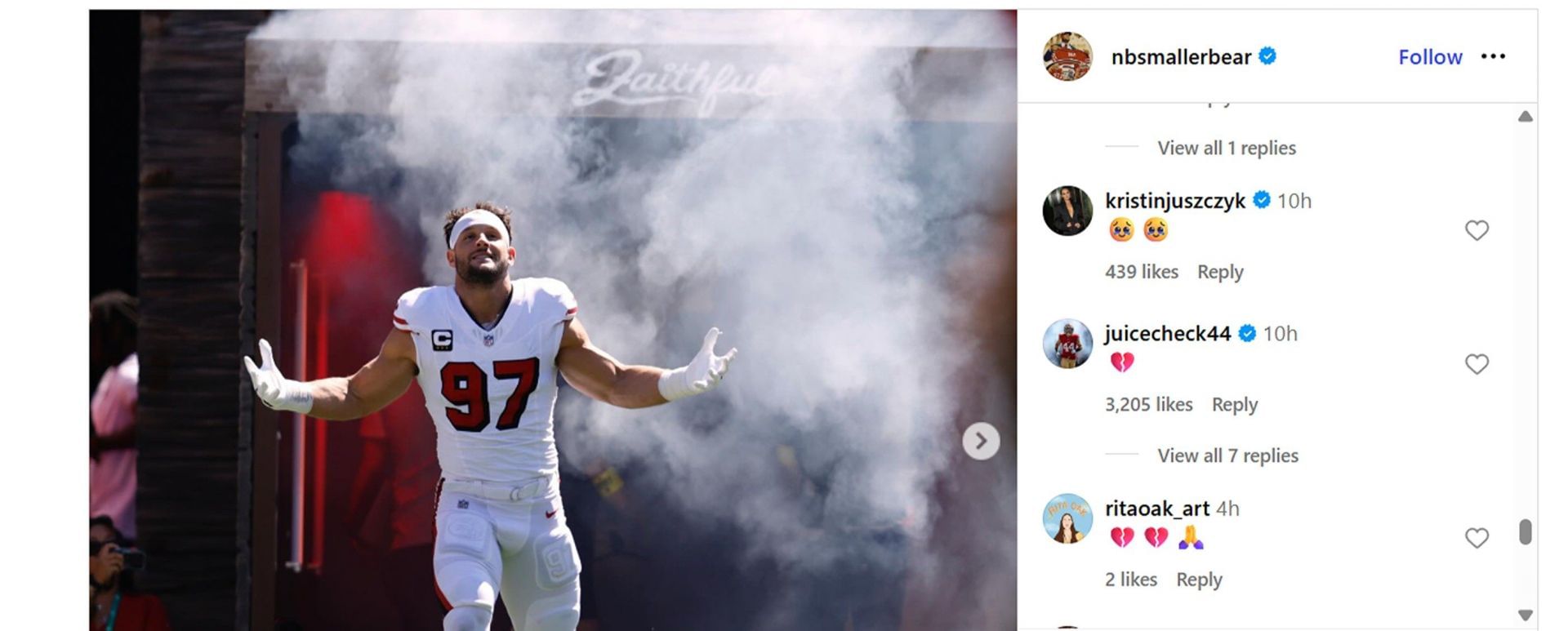 Kyle Juszczyk and wife Kristin rally support around Nick Bosa/@nbsmallerbear