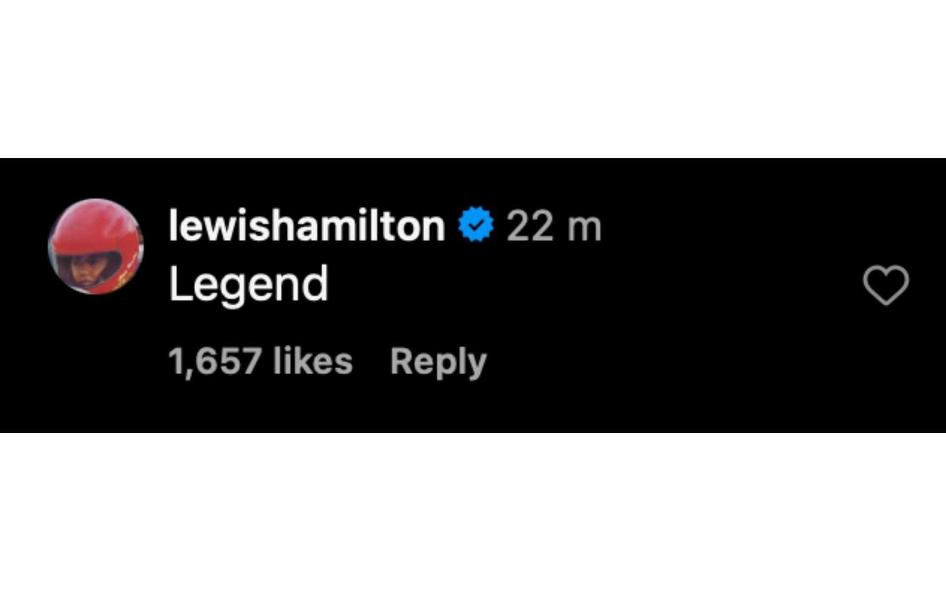 Lewis Hamilton&#039;s comment on Hadjar&#039;s Instagram post | Source: Instagram
