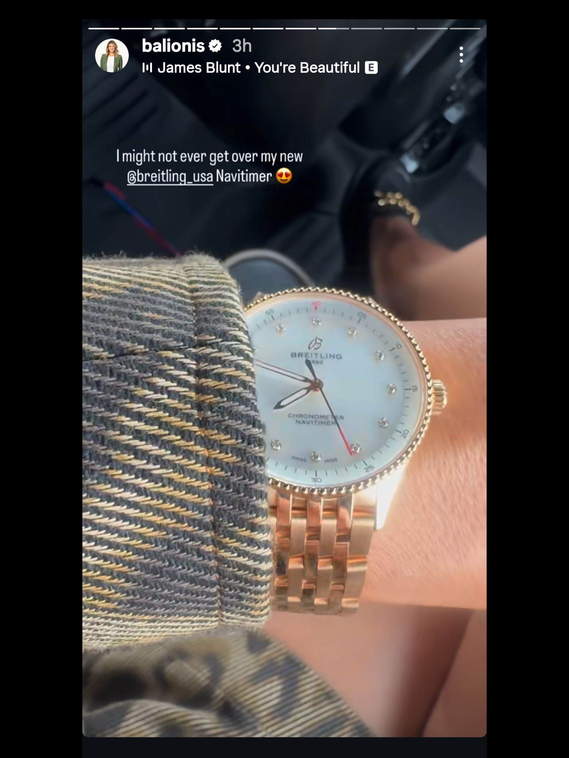 Screenshot from Balionis flaunting her Breitling Navitimer / Source: @balionis on IG