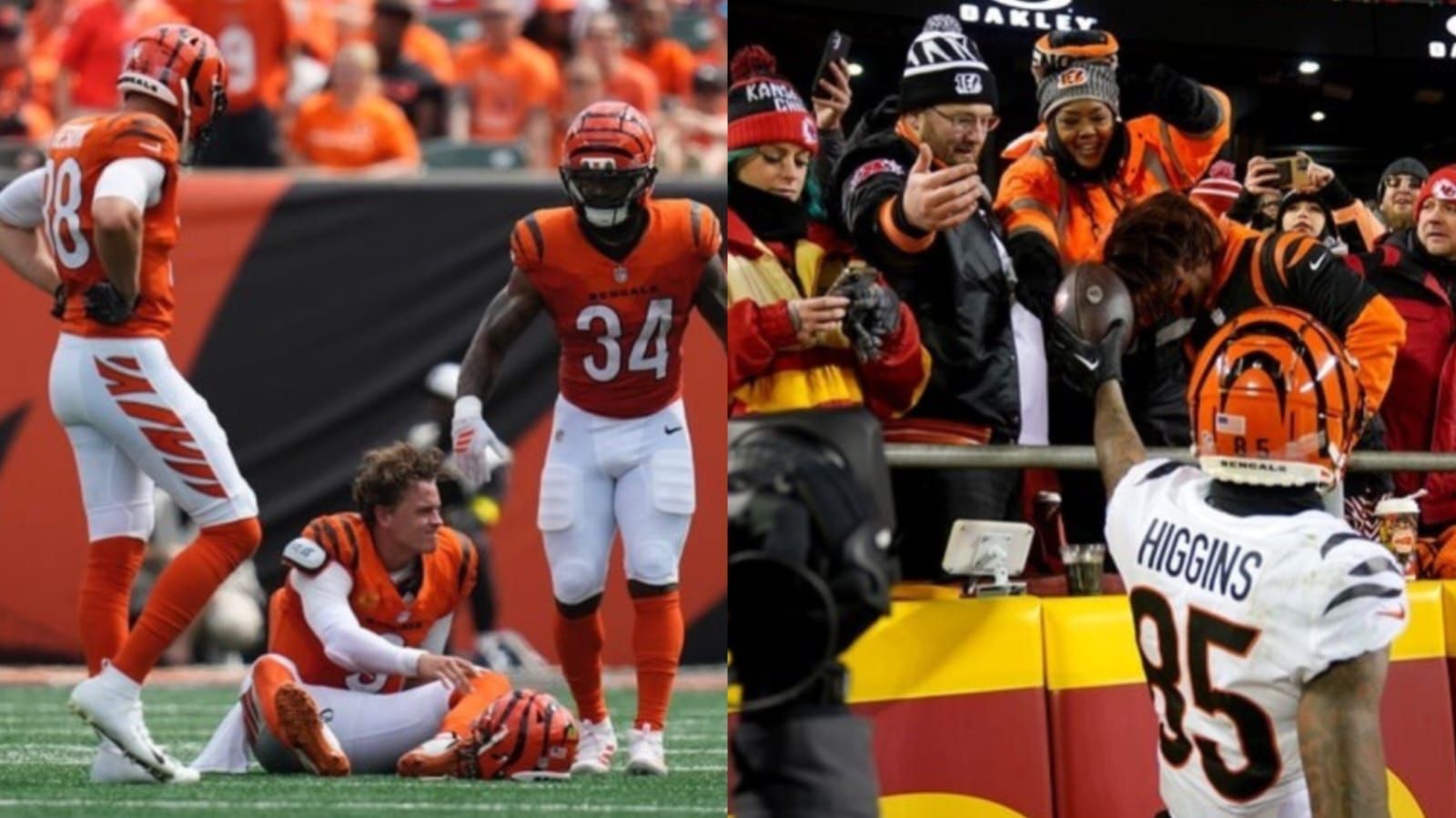 Joe Burrow injured (L) Tee Higgins handing off a football to his mom (R) Image credit: IMAGN, GETTY