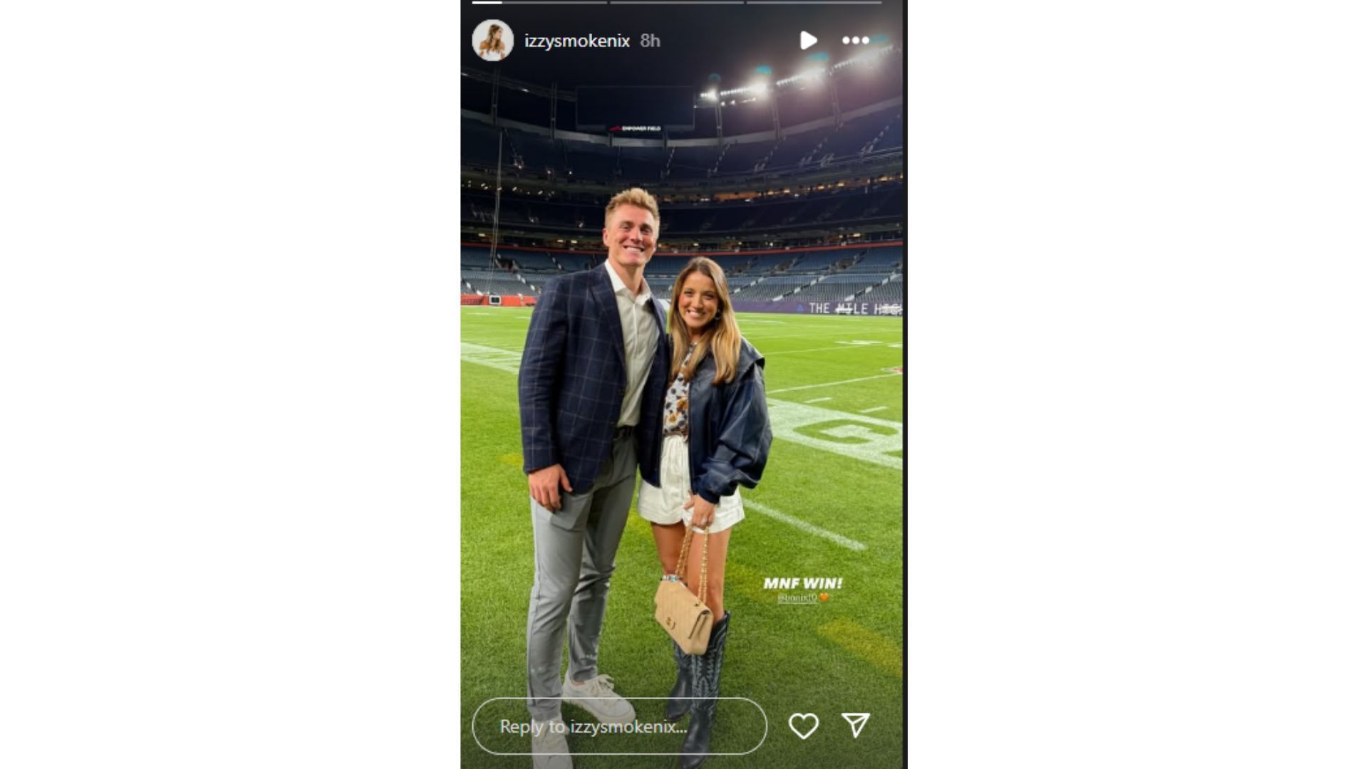 Izzy Nix shared a postgame photo with husband Bo after the win. (Photo via Izzy Nix&#039;s Instagram Story)