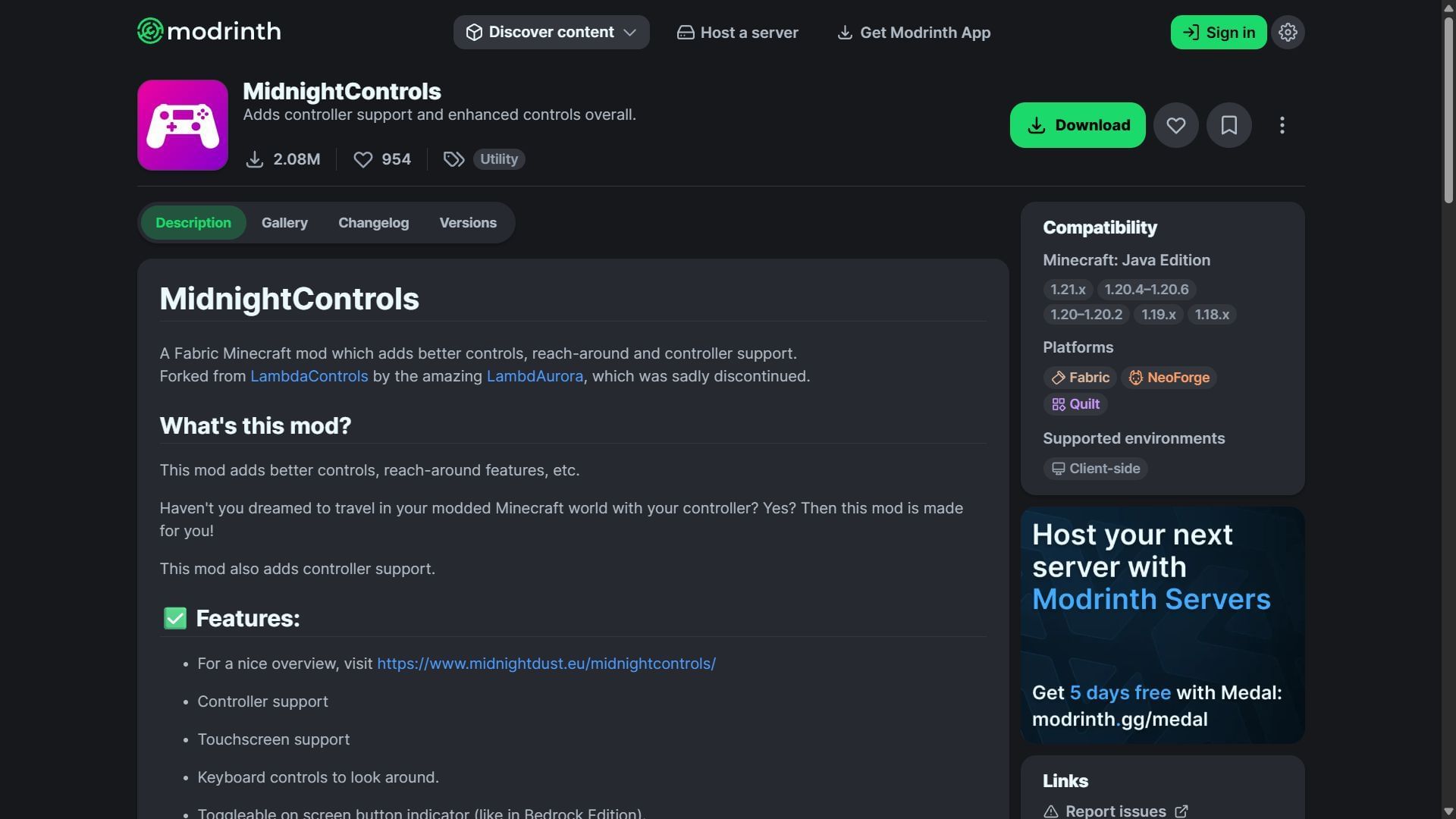 MidnightControls can be easily downloaded from the Modrinth website (Image via Modrinth)
