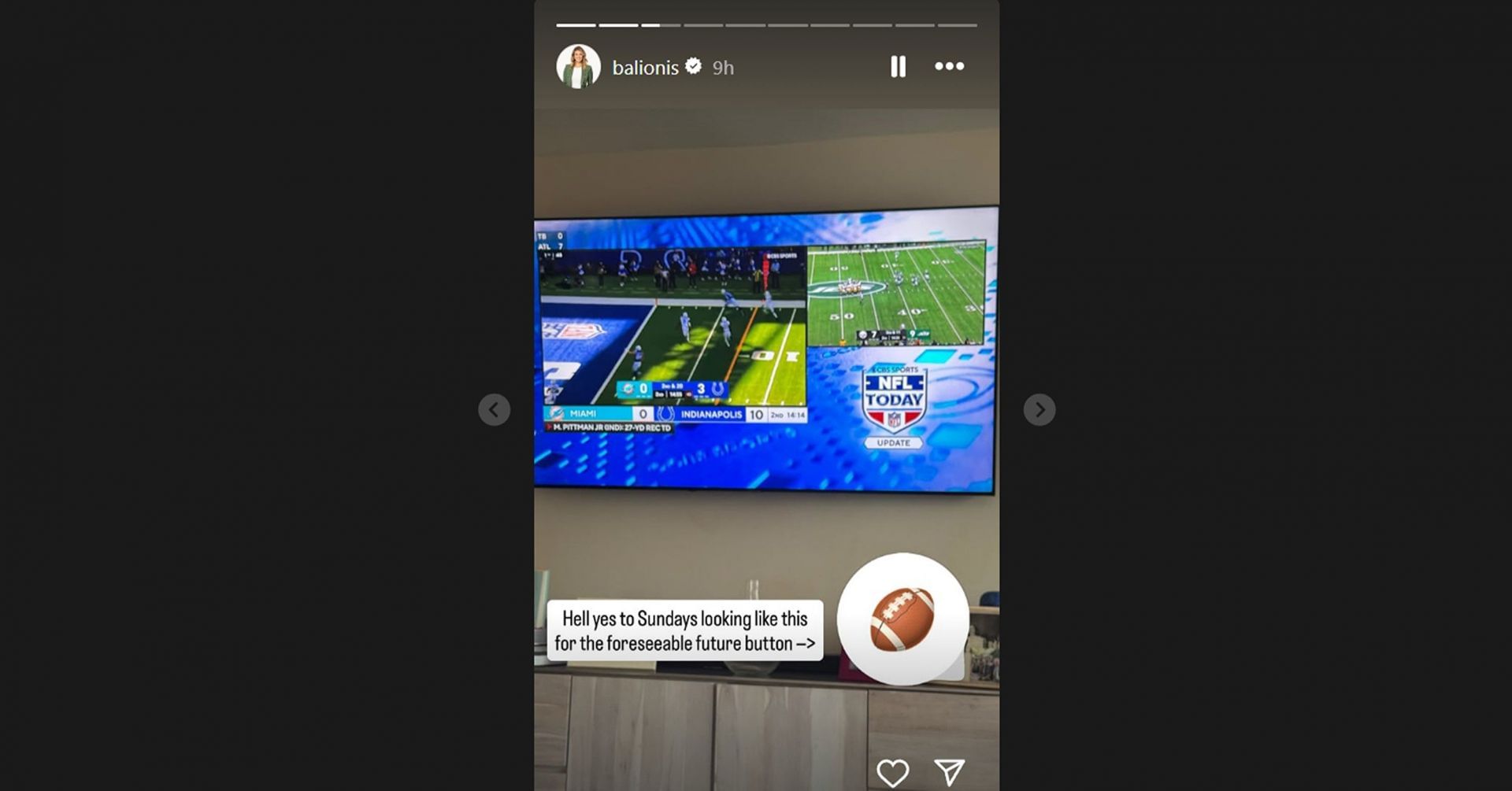 Amanda Balionis watches the Dolphins vs Colts game on Sunday/@balionis