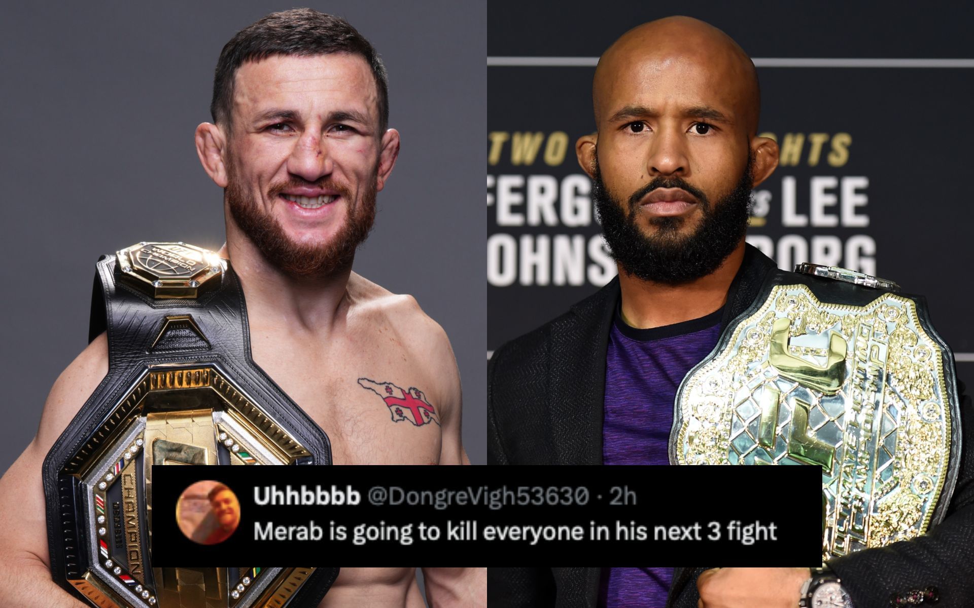 Fans on Merab Dvalishvili (left) making Demetrious Johnson (right) tap. [Images courtesy: Getty Images]