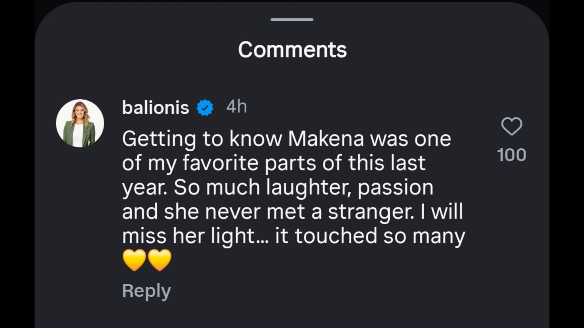 Screenshot from Balionis&#039; comment under White&#039;s post / Source: @makenawhite91 on Instagram