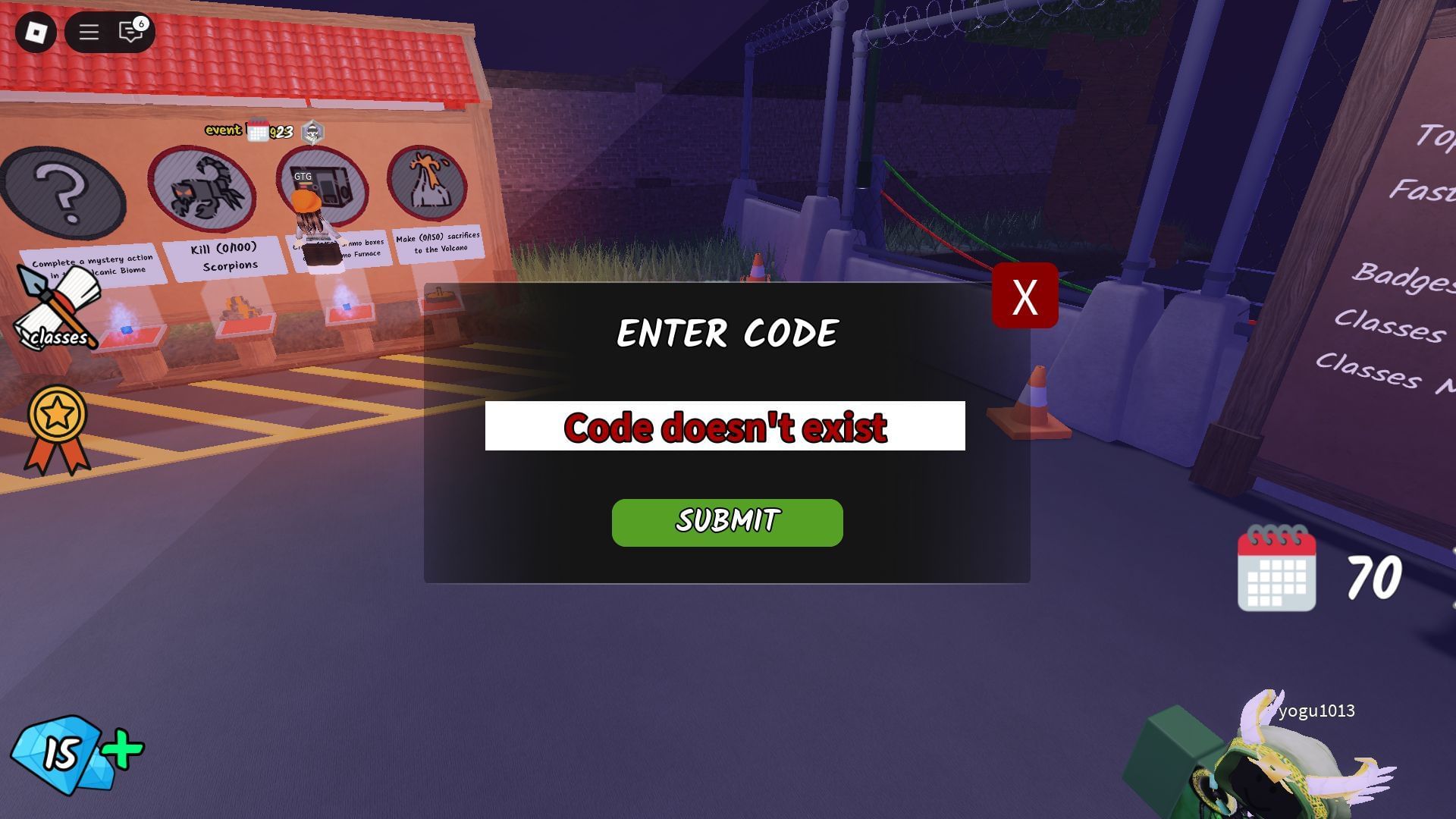 Troubleshooting codes for 99 Nights in the Forest (Image via Roblox)