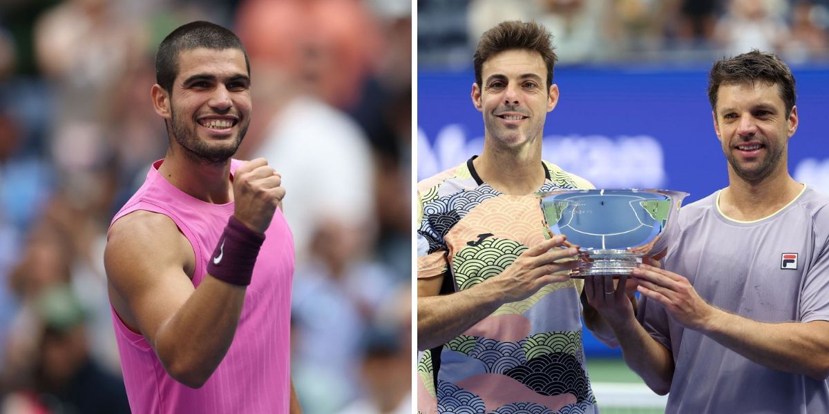 Carlos Alcaraz jumps in joy (L) as countryman Marcel Granollers wins the US Open doubles tiitle with Horacio Zeballos (R), (Source: Getty Images)