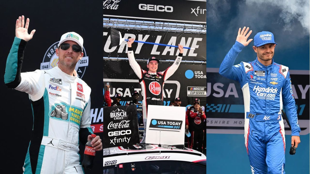 A side-by-side image of (L-R) Jul 17, 2023; Loudon, New Hampshire, USA; NASCAR Cup Series driver Denny Hamlin (11) is introduced before the start of the Crayon 301 at New Hampshire Motor Speedway. Mandatory Credit: Eric Canha-Imagn Images;  Jun 23, 2024; Loudon, New Hampshire, USA; NASCAR Cup Series driver Christopher Bell (20) celebrates winning the USA TODAY 301 and sweeping the weekend at New Hampshire Motor Speedway. Mandatory Credit: Eric Canha-Imagn Images and Jun 23, 2024; Loudon, New Hampshire, USA; NASCAR Cup Series driver Kyle Larson (5) is introduced before the start of the USA TODAY 301 at New Hampshire Motor Speedway. Mandatory Credit: Eric Canha-Imagn Images