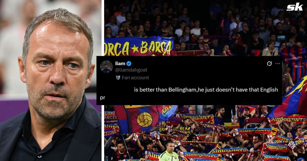 L to R: Hansi Flick and Barcelona fans (Images via Getty and X/@liamdahgoat)