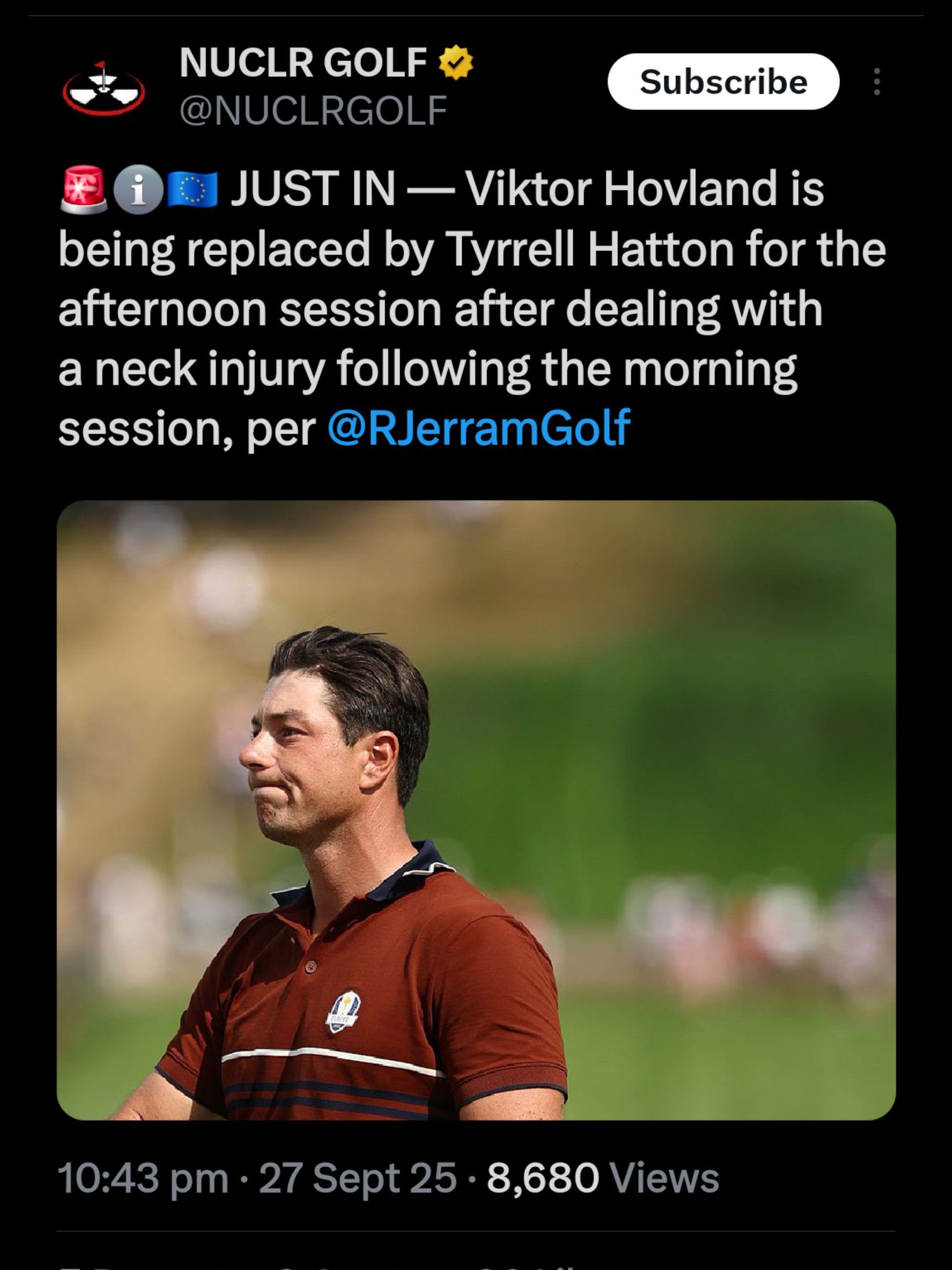 Screenshot from NUCLR Golf&#039;s X post on Hovland&#039;s injury