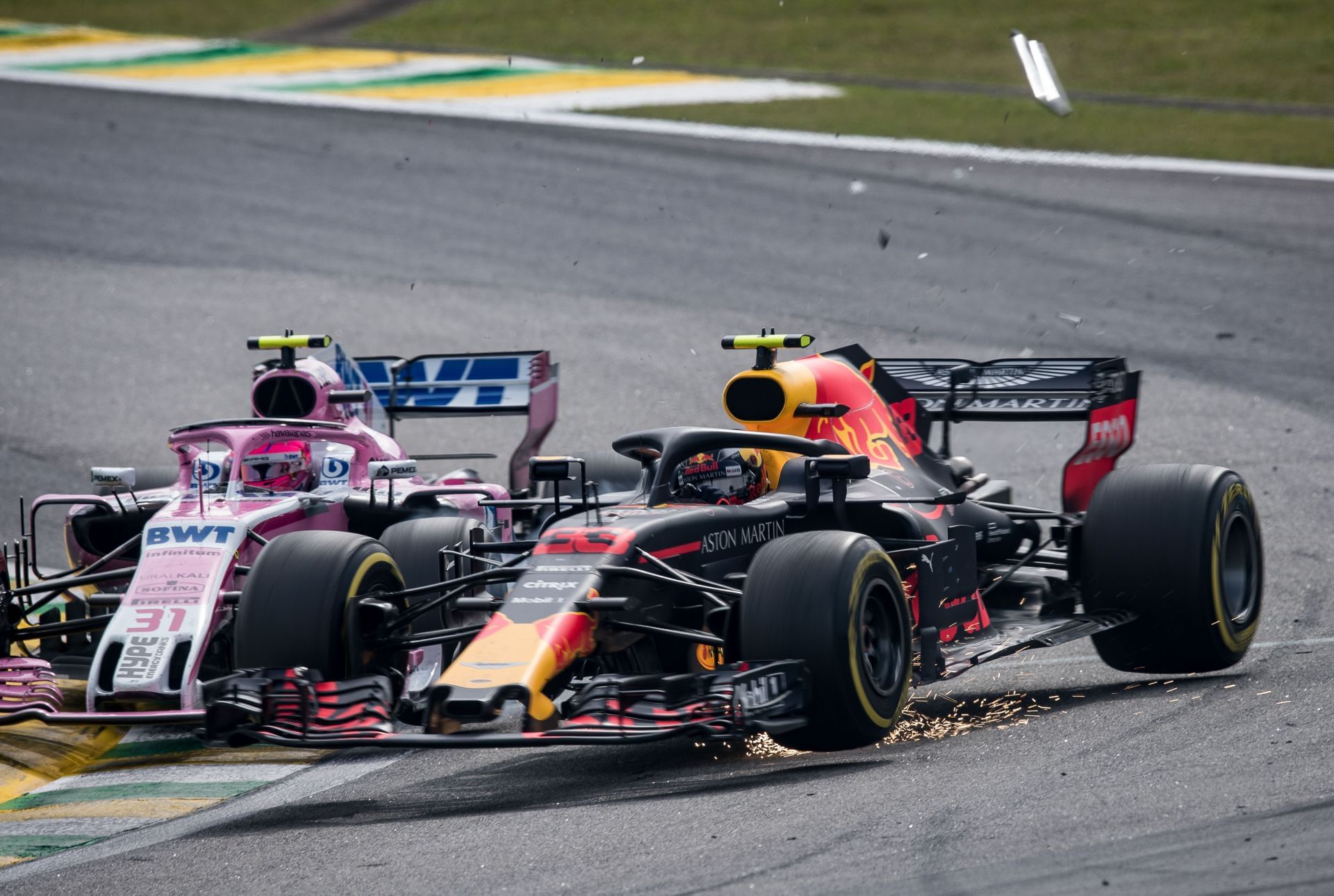Max Verstappen (33) and Esteban Ocon (31) in the 2018 Brazilian Grand Prix. Source: Getty