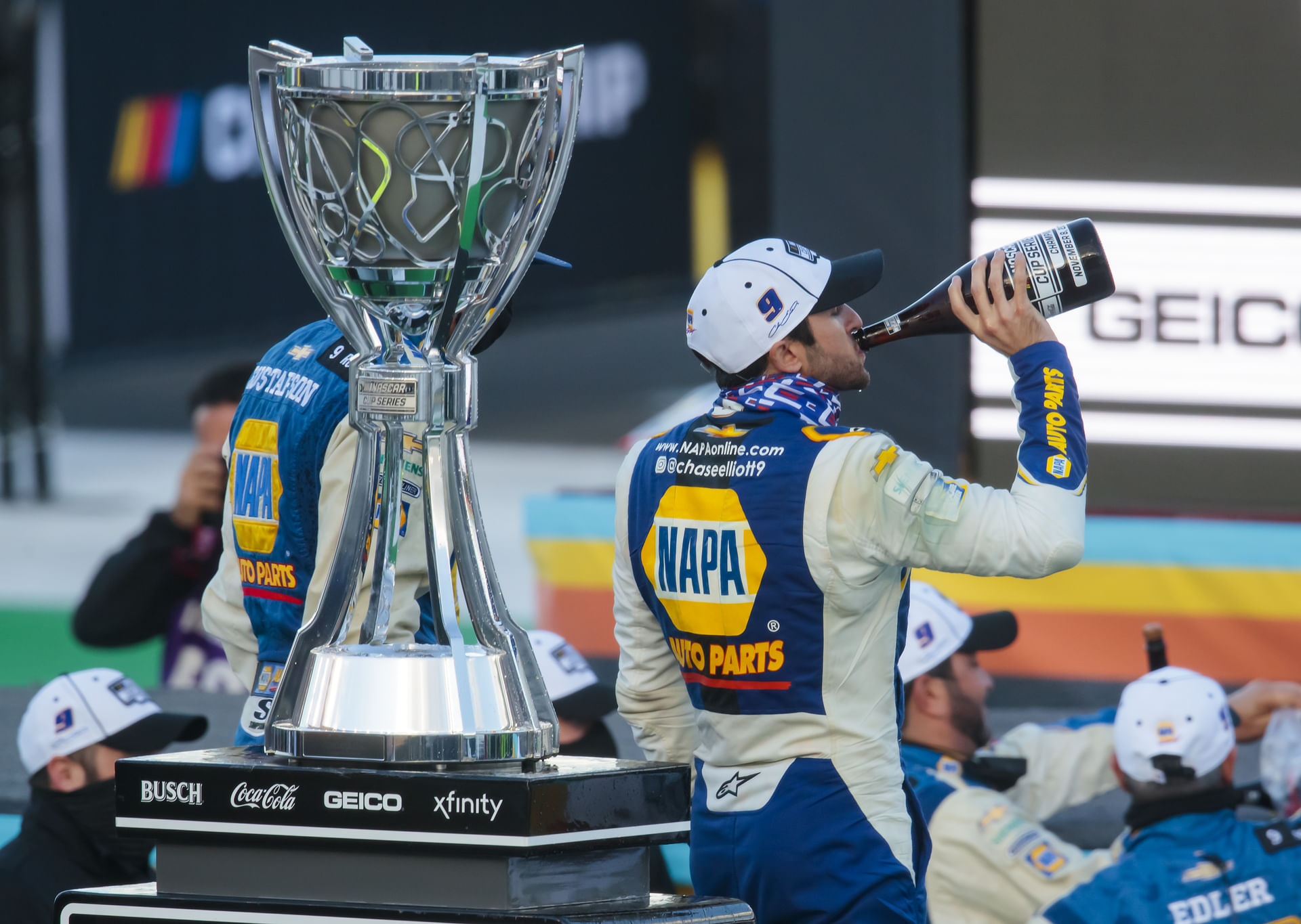 Chase Elliott celebrates after winning the 2020 NASCAR Cup Series. Source: Imagn