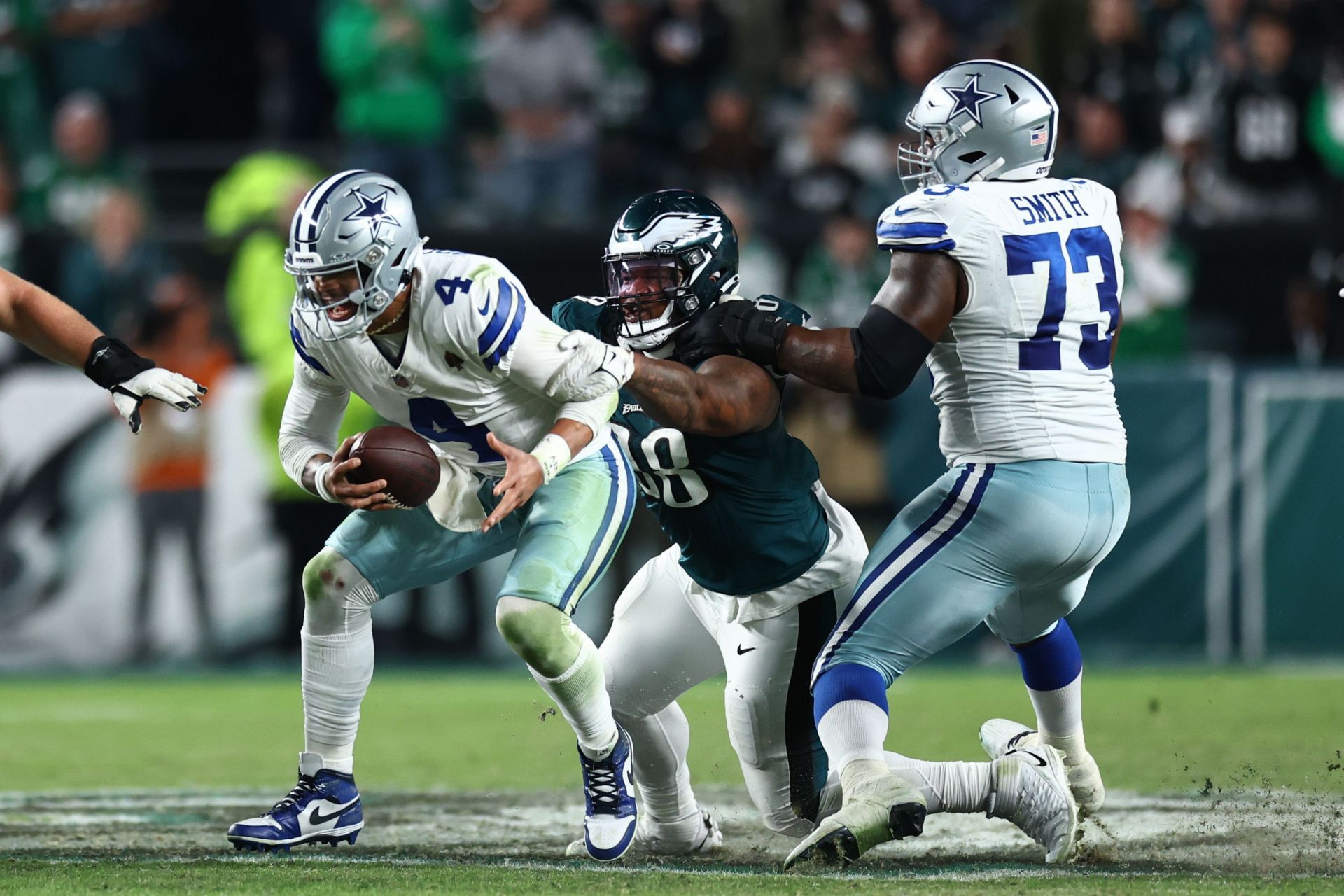 Dak Prescott gets pressured by Jalen Carter during Dallas Cowboys v Philadelphia Eagles - Source: Getty