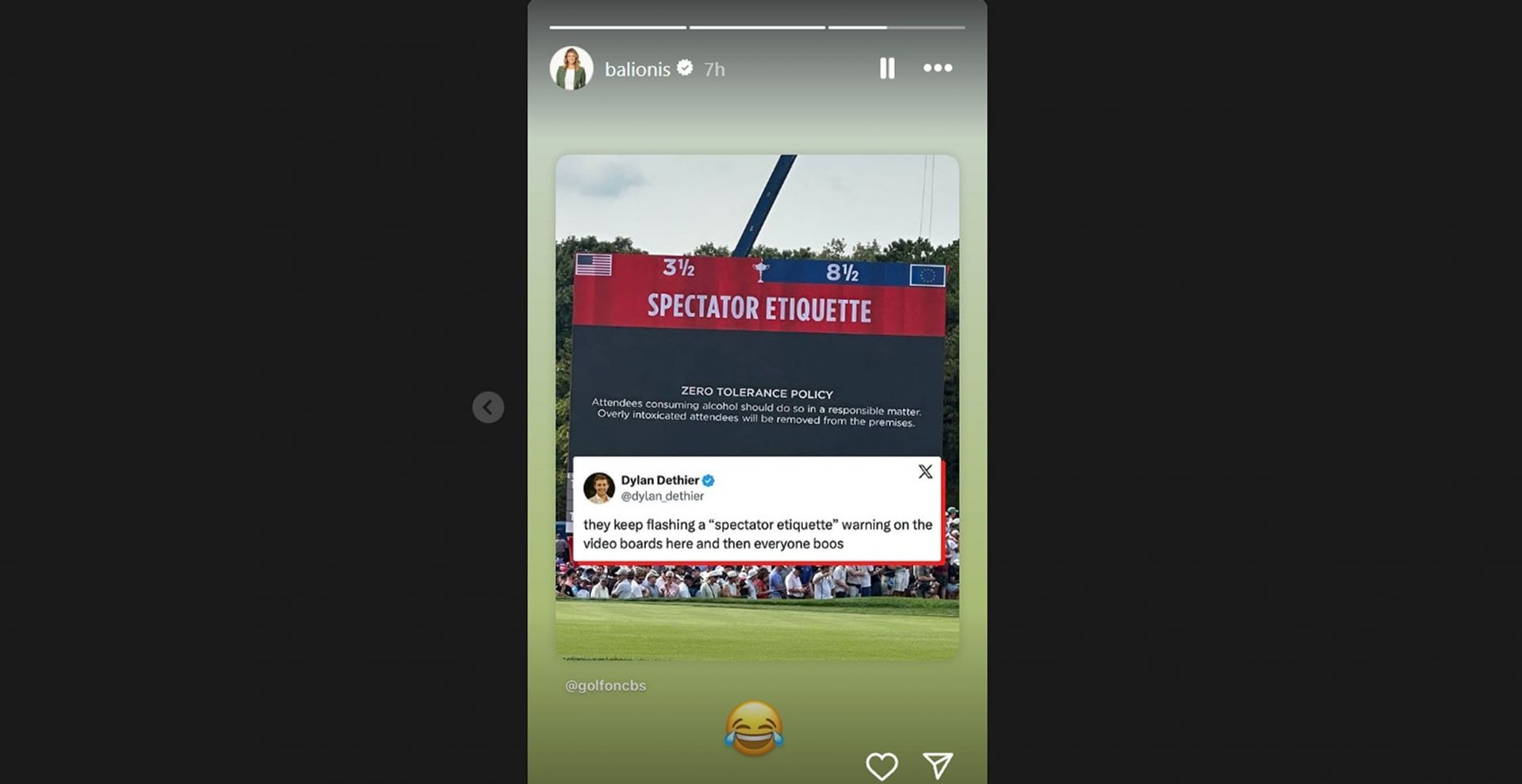 Amanda Balionis reacts with emoji as Ryder Cup crowd boos &ldquo;spectator etiquette&rdquo; warning/@balionis