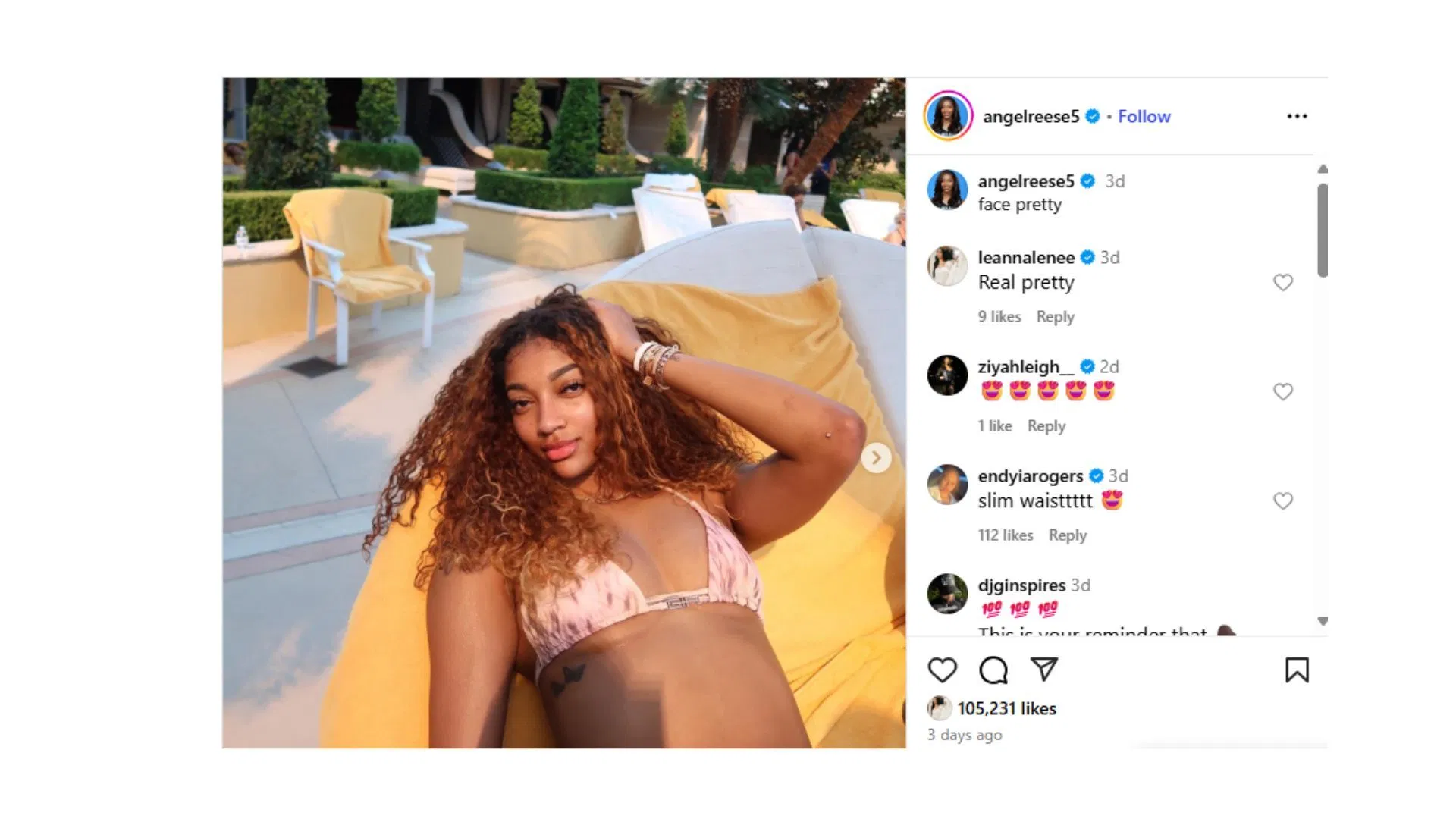 Leanna Hunter commented on Angel Reese&#039;s Instagram post. (Comment via Angel Reese&#039;s Instagram)