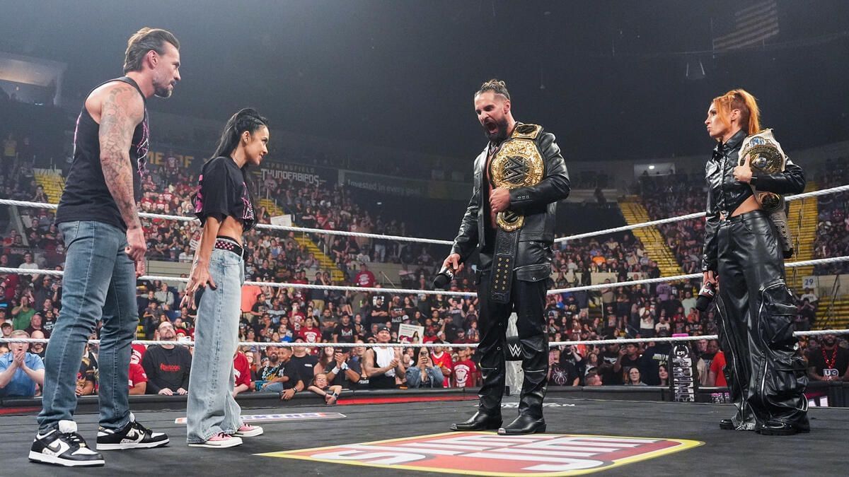 CM Punk, AJ Lee, Seth Rollins and Becky Lynch. (Photo: WWE.com)