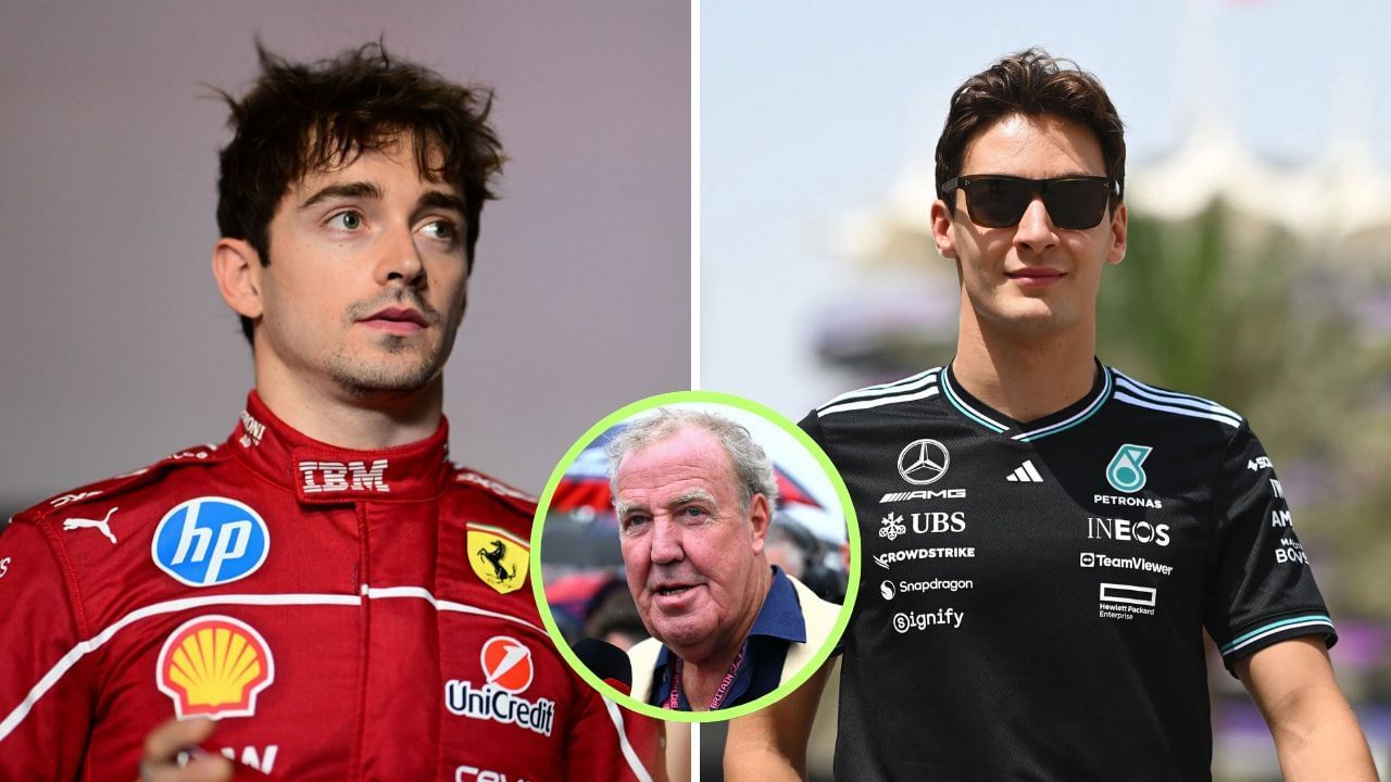 In Picture: Charles Leclerc and George Russell (from Left). Jeremy Clarkson (circle). Credit: Getty Images.